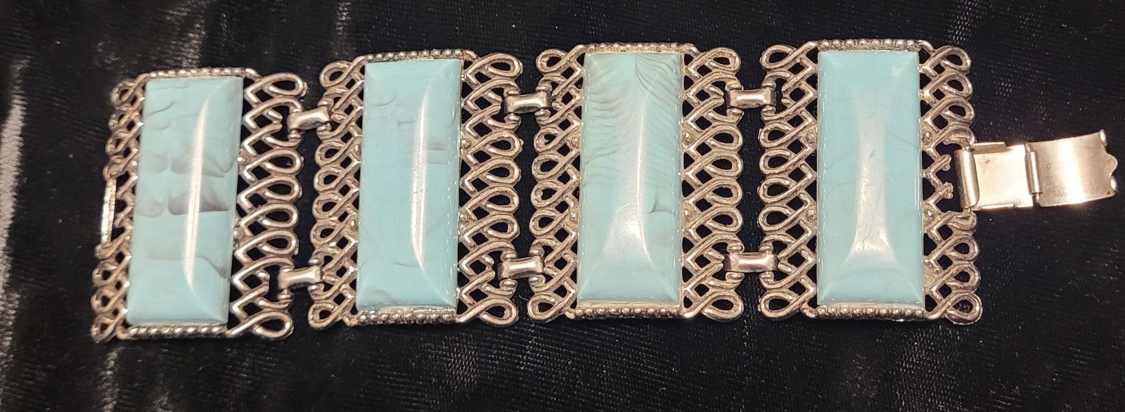 1950s Faux Turquoise Cabochon Bracelet Silver Tone