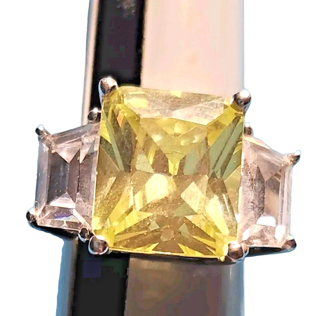 Vintage Cubic Zirconia Large Citrine & White Crystal 925 Sterling Silver Ring