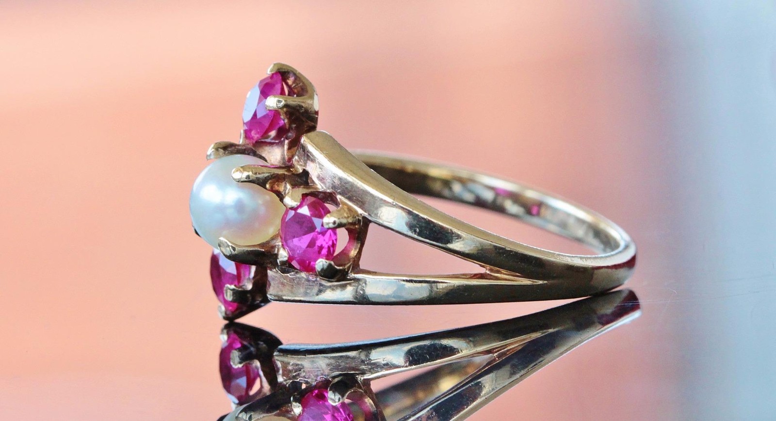 10k yellow gold ring 5.3mm cultured pearl & lab ruby size 7.75 handmade 3.5g