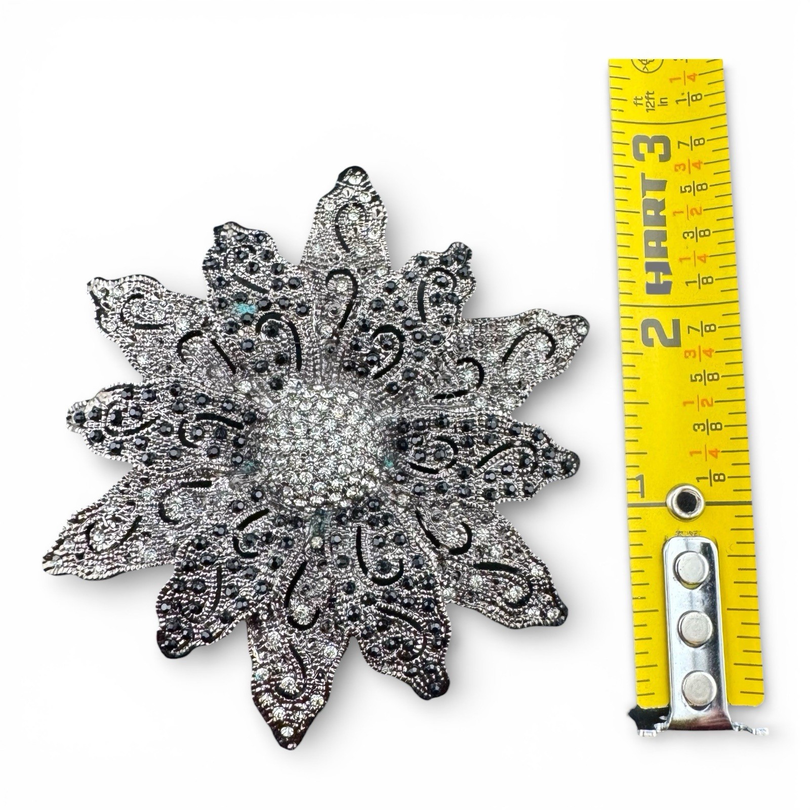 Vintage Silver Tone And Black & Clear Rhinestone Layered Flower Brooch