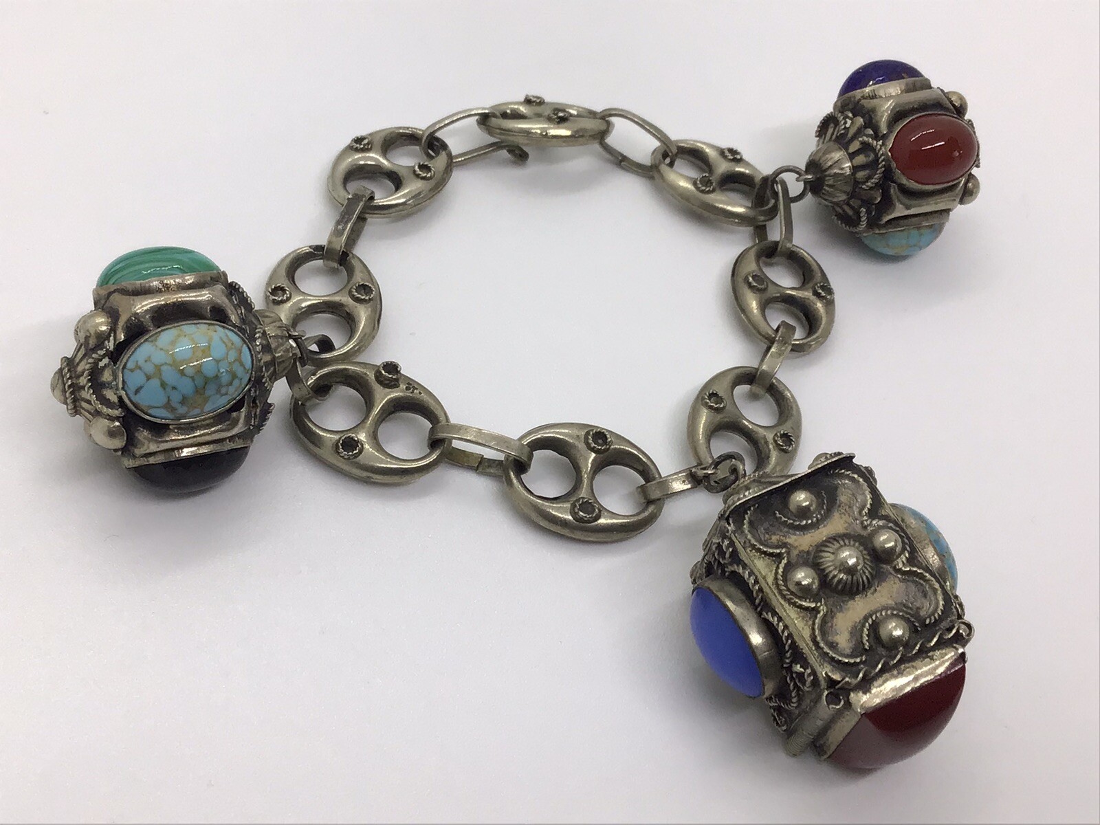 MCM VTG Etruscan Mediterranean Silver 800? Charm Bracelet 54g 8.5″ Turquoise