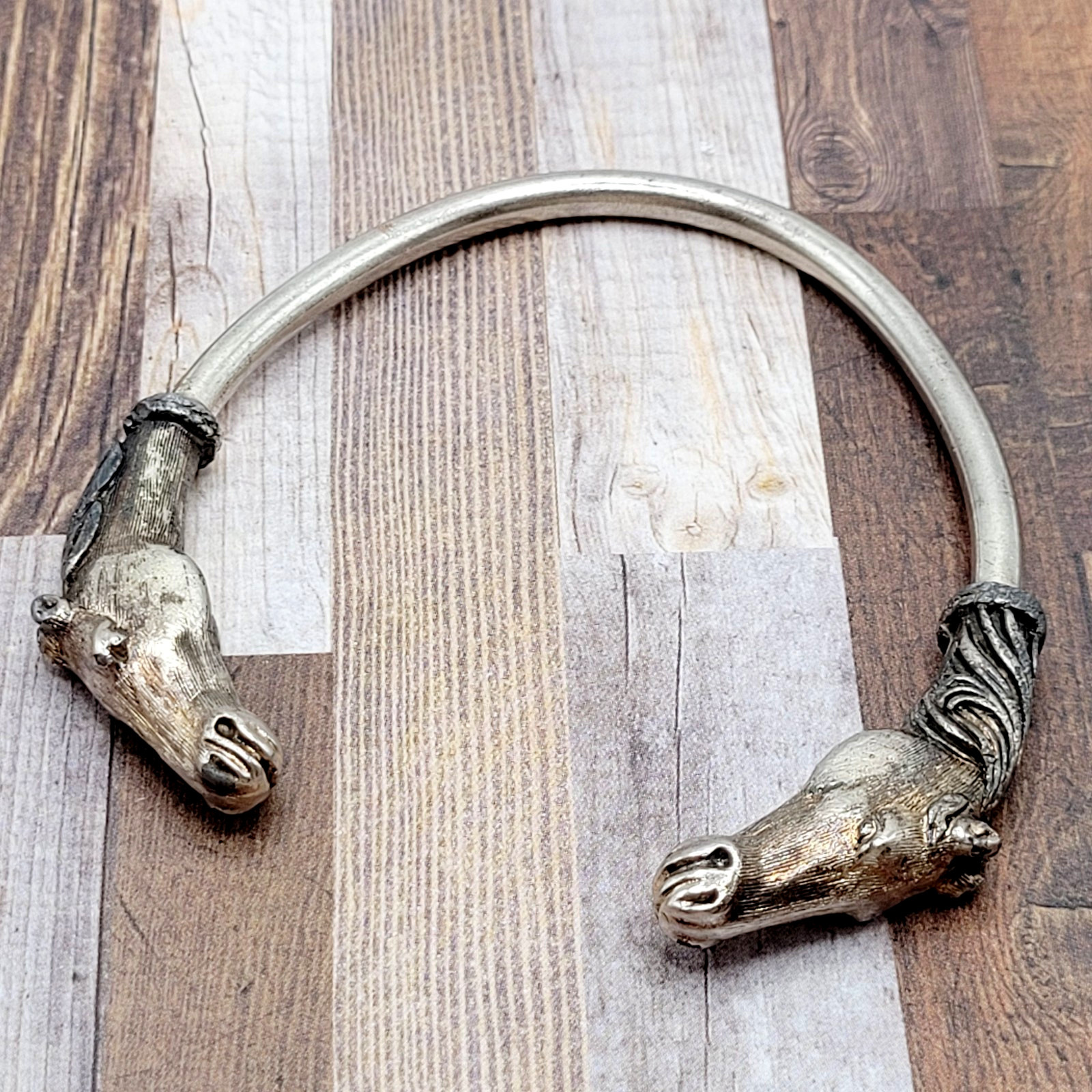 Double Horse Head Pewter Plated Copper w Patina Vintage 70s Torque Cuff Bracelet