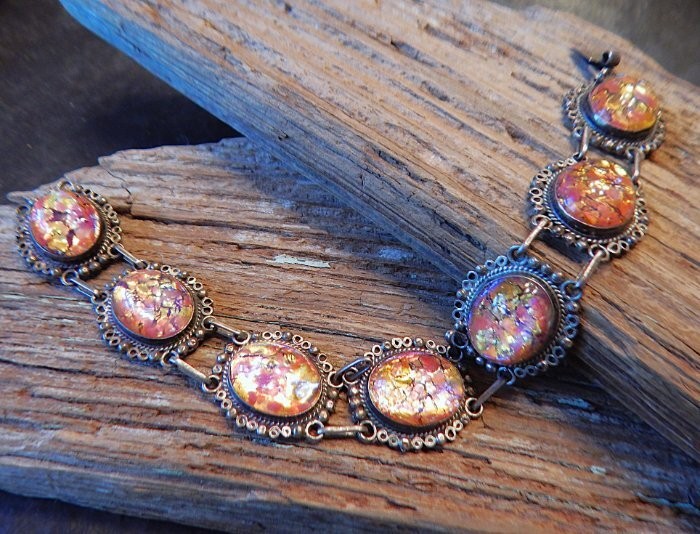 Vintage JOY MEX 925 Sterling Silver Dragons Breath Cabochon Link Bracelet K2