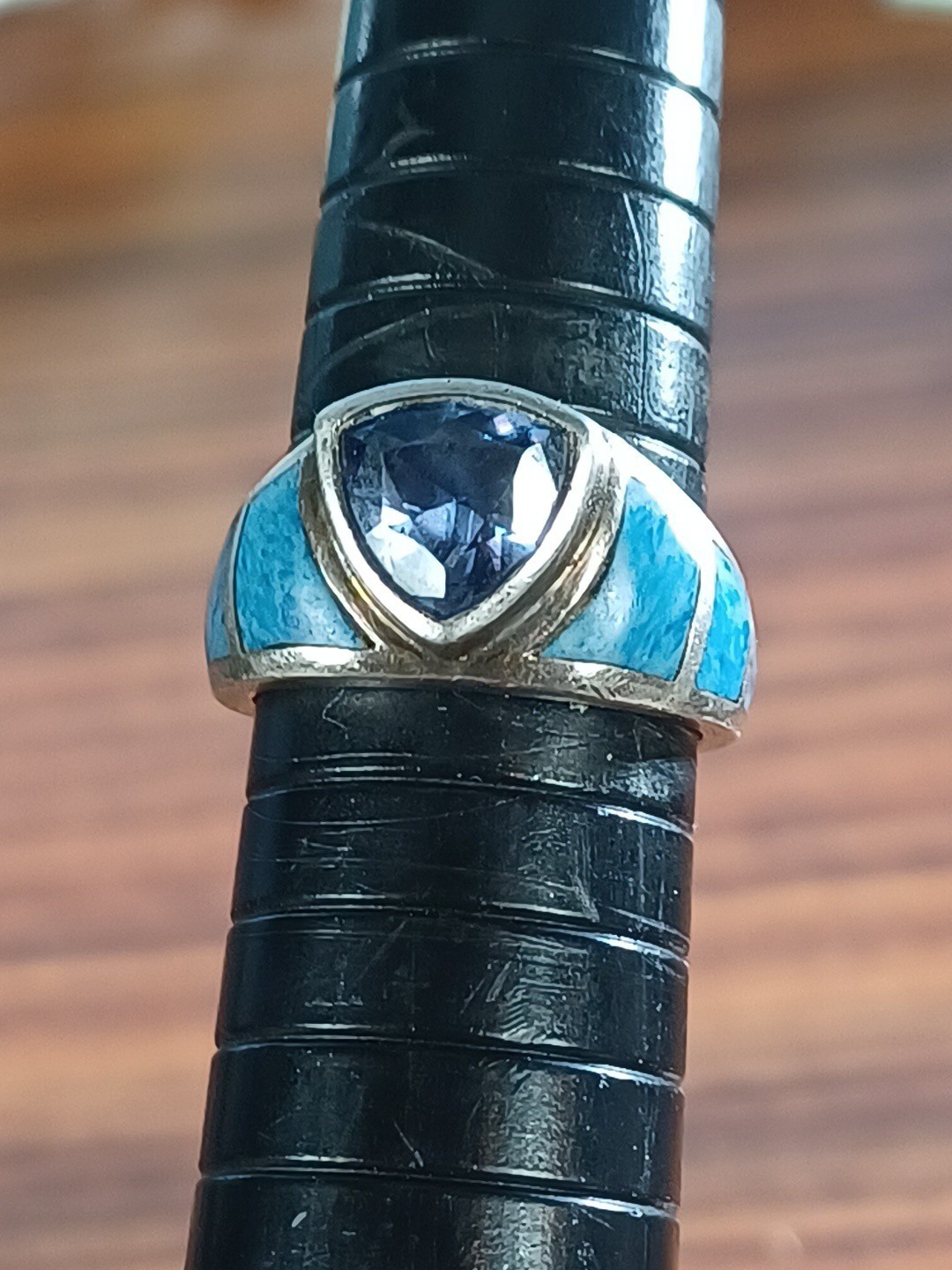 Vintage Sterling Silver Ring Blue Topaz Trillion Cut Stone Turquoise Accents
