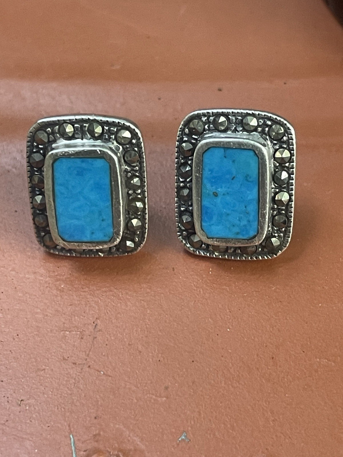 VTG .925 Stamped Sterling Silver Geometric Blue Turquoise Bracelet And Earrings