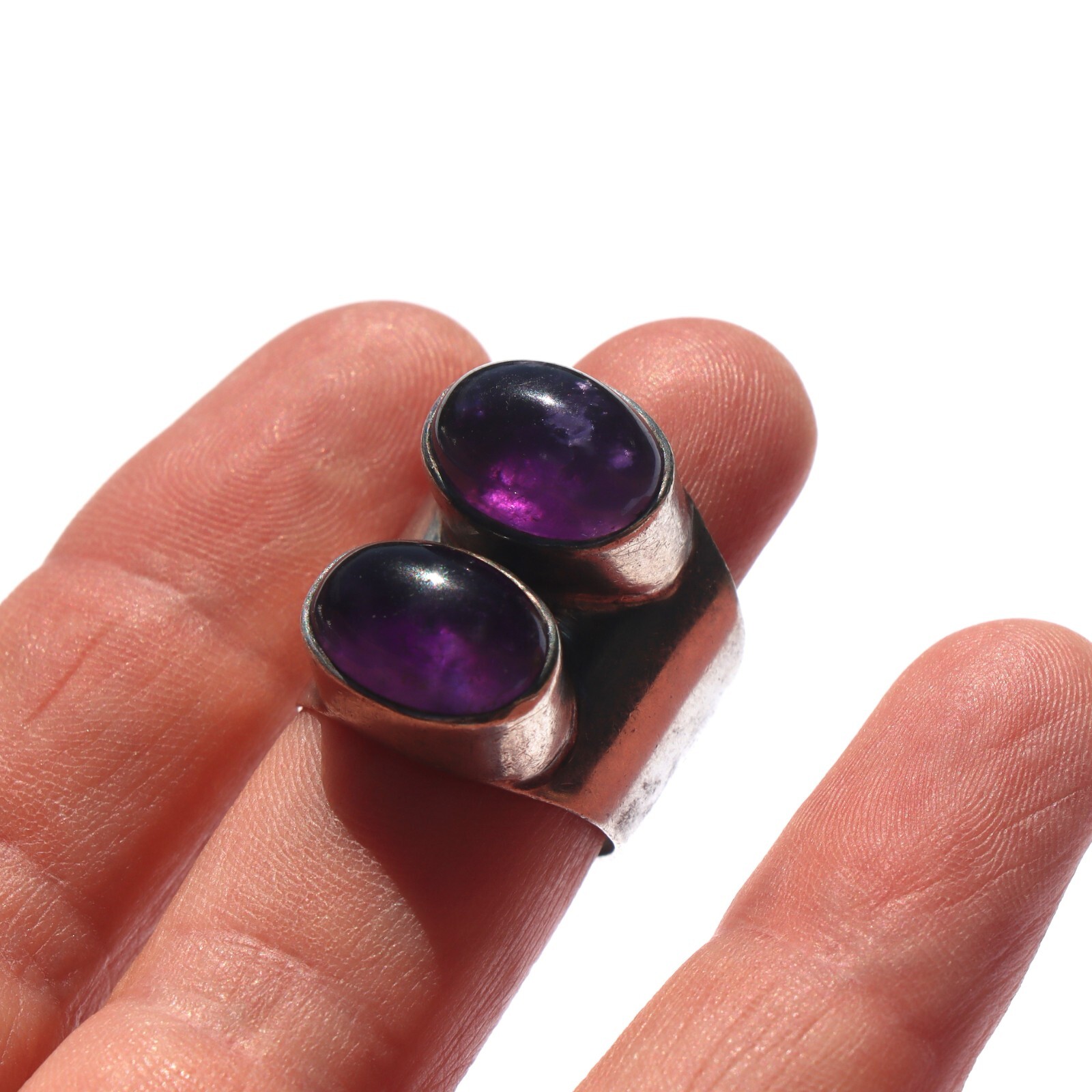 Estate Contemporary Sterling Silver Double Amethyst Statement Right Hand Ring sz