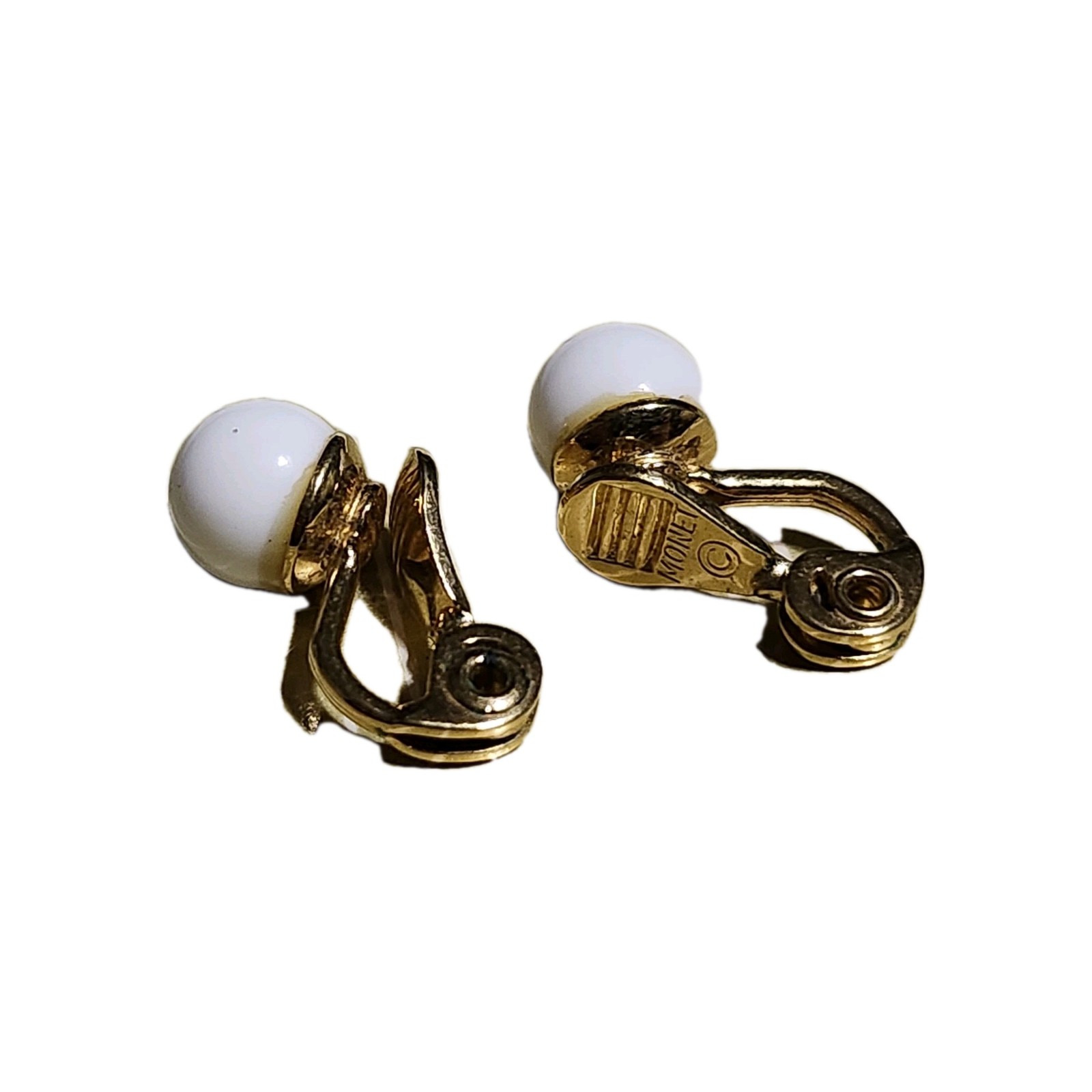 Vintage Monet 1950s Clip On Earrings Gold Tone with White Lucite Balls Beautiful