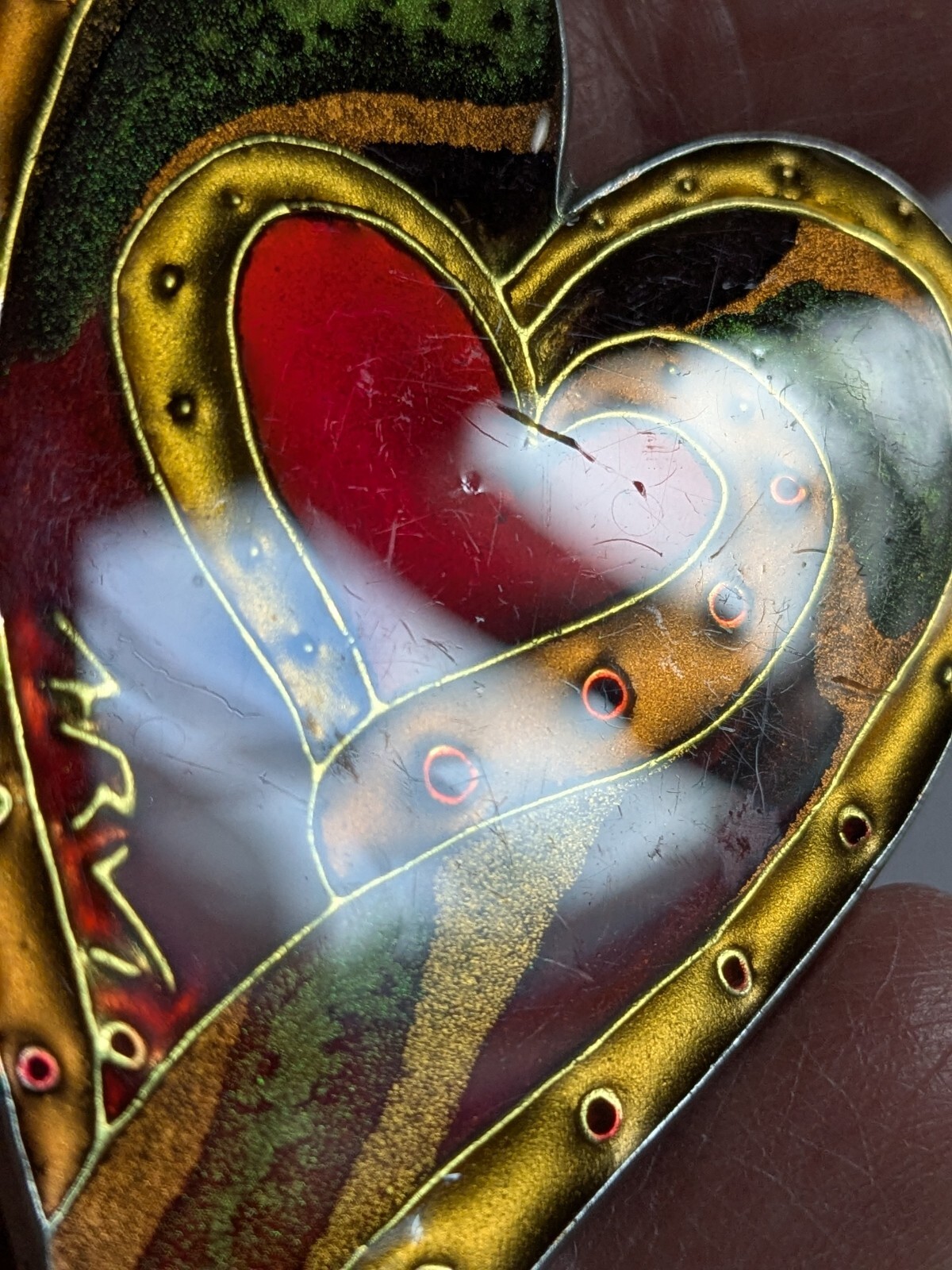 Rare Rachel Arvio Large Resin On Metal Heart Art Brooch Pin