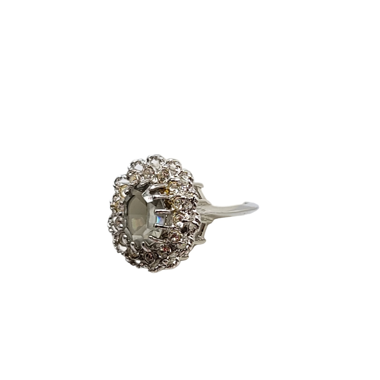 Lind Gray Grey Clear Glass Rhinestone Openwork Flower Silver Plated Ring Size 7