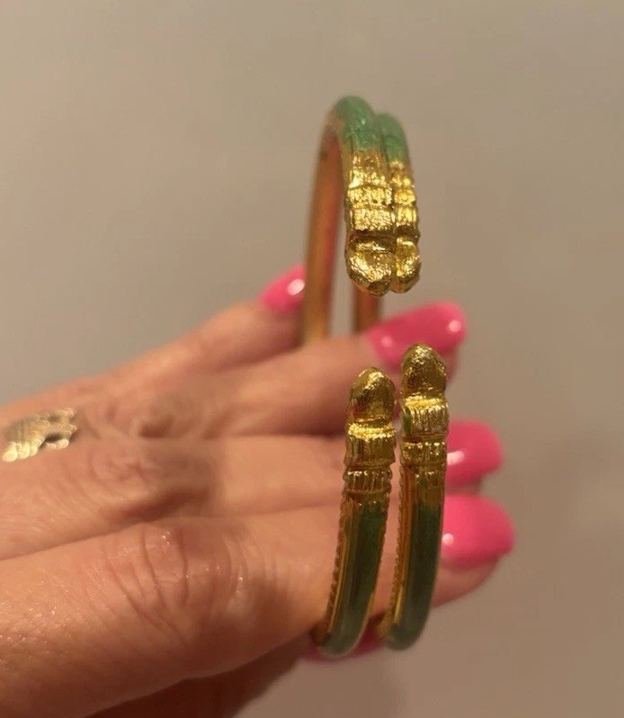 Enamel Open Cuff Bracelet with Snake Like Ends / Lime Green