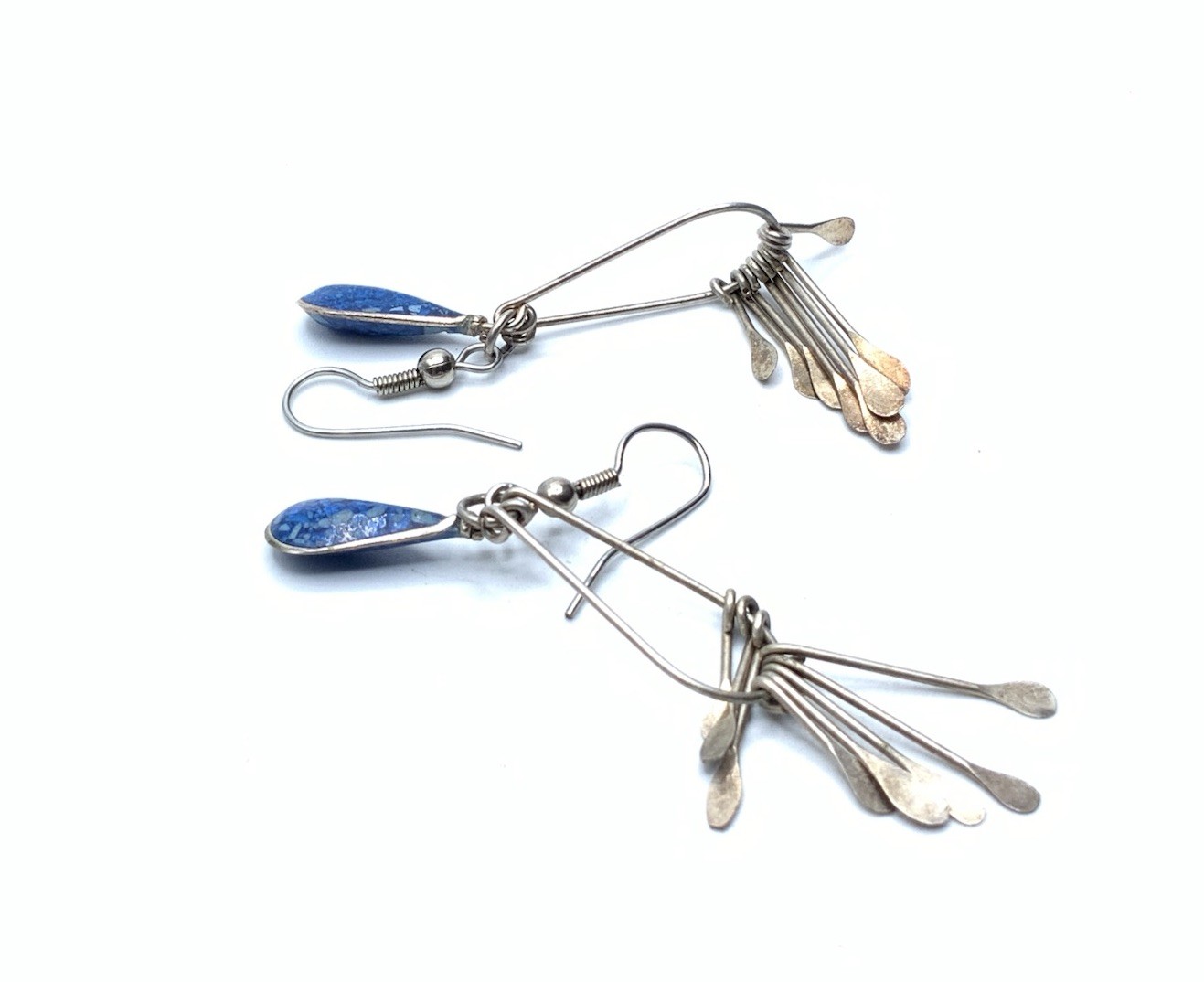 Vintage Southwest Nickel Silver Mix Metal Blue Resin Drop Dangle Hook Earrings