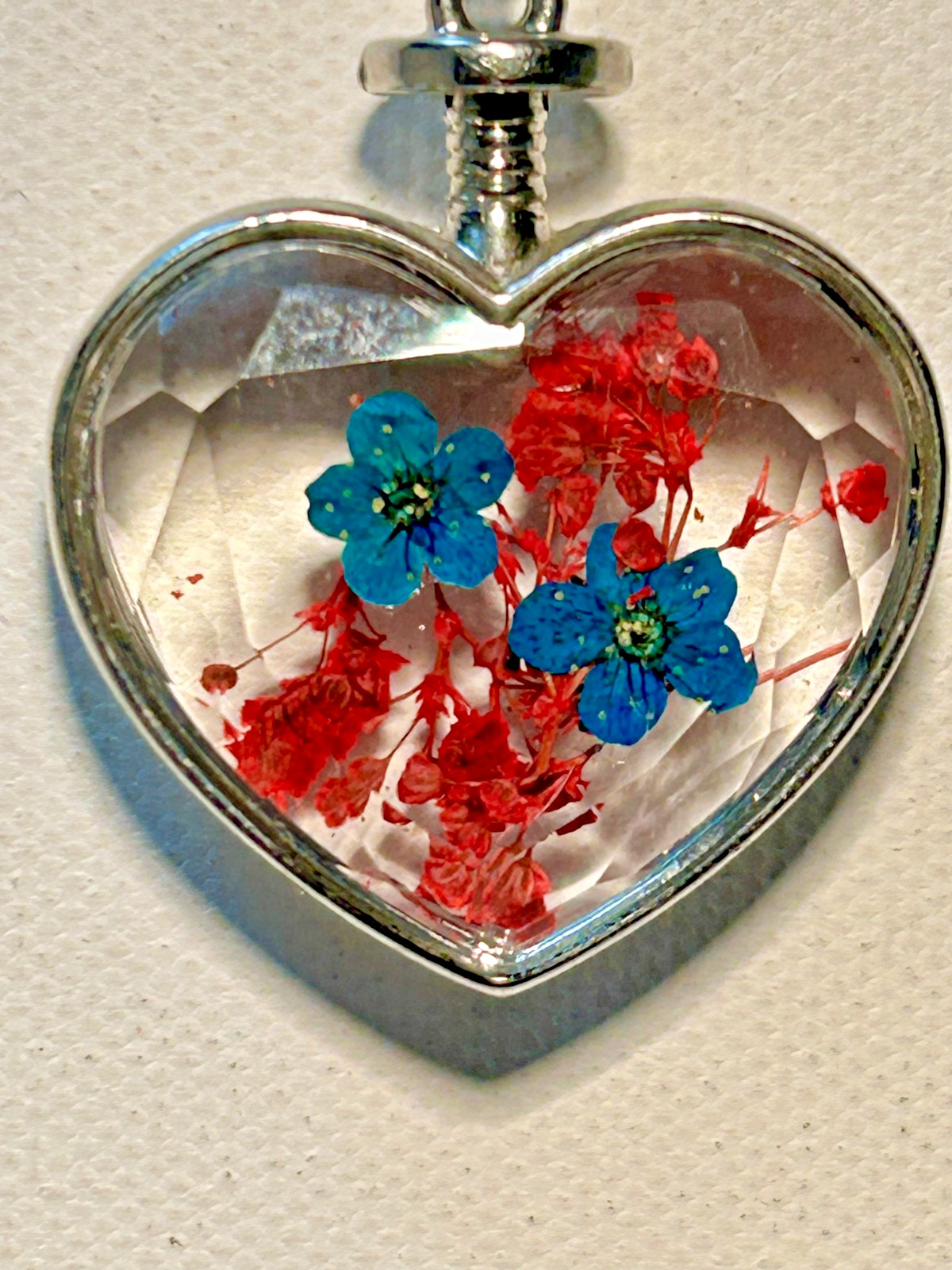 Vintage Heart Pendant Necklace Blue and Red Pressed Flowers