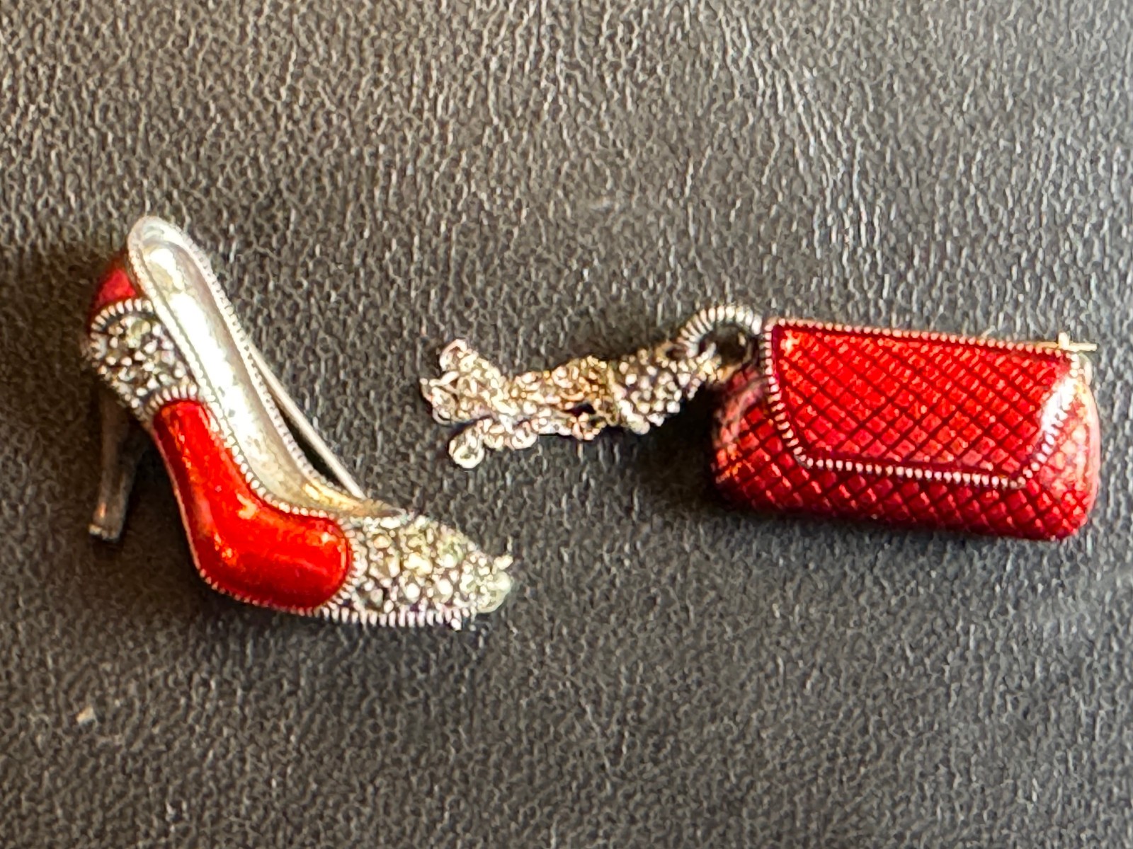 Vintage Judith Jack Red Enamel/Sterling/Marcasite Shoe & Purse Brooch Pin Set
