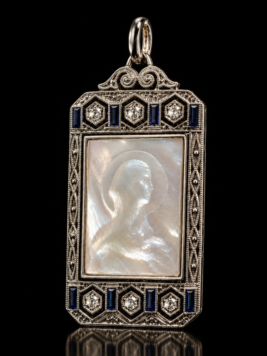 Antique Art Deco 18K Gold Religious Virgin Mary Pendant Diamonds Sapphires