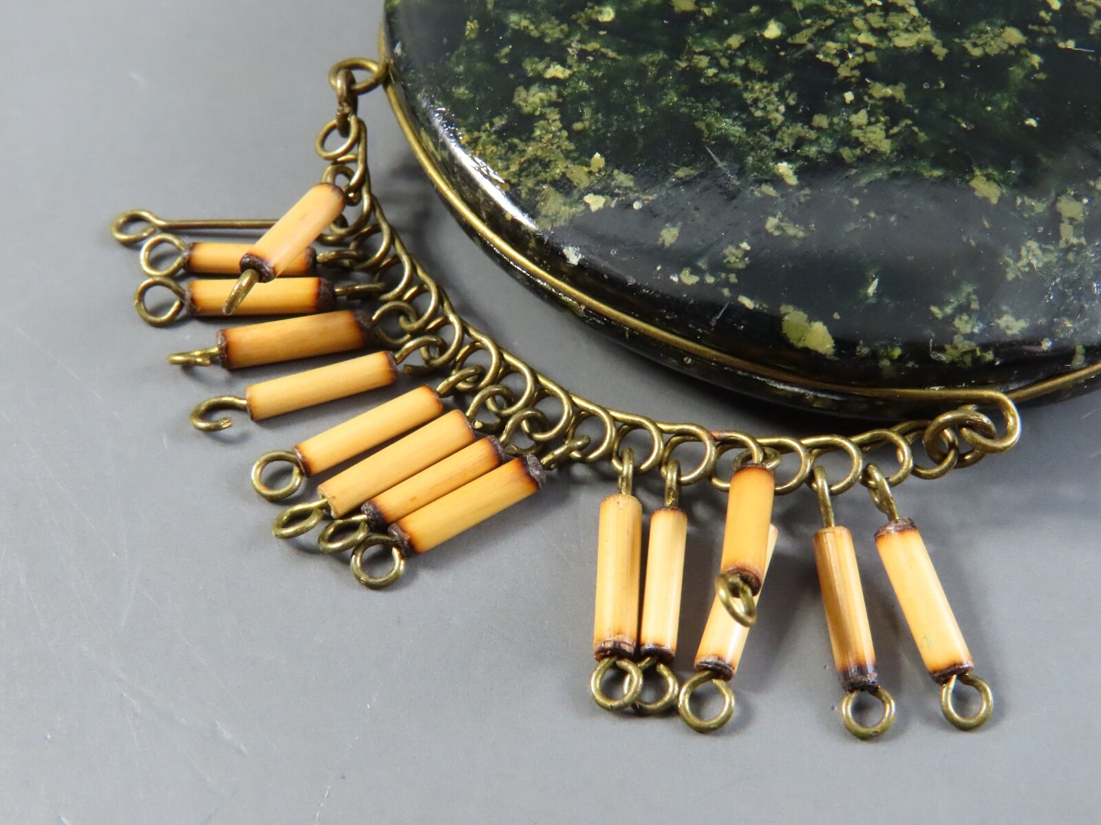 VTG Exotic Bib Necklace LARGE GREEN HARDSTONE Bamboo Pipe Beads EGYPTIAN REVIVAL