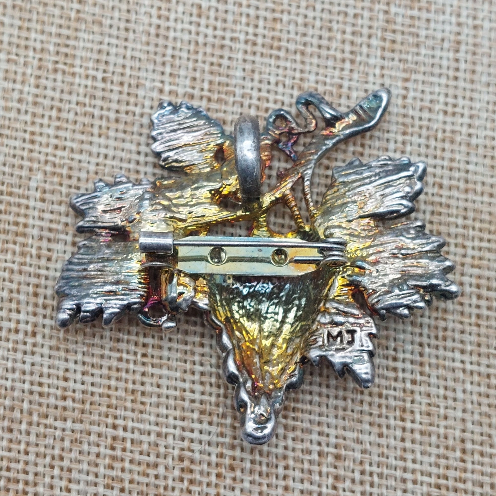 Vintage Bunch of Grapes on Vine Leaves Two Tone Brooch Signed MJ 2″ X 2″