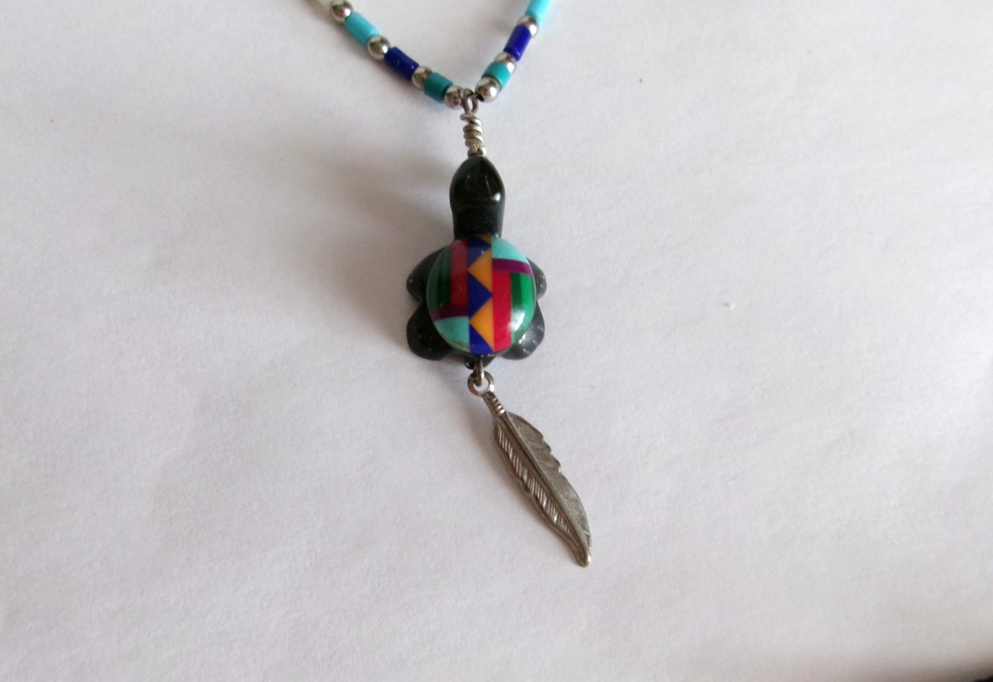 Inlay Turtle Pendant Necklace 18″ Liquid Silver & Bead Chain