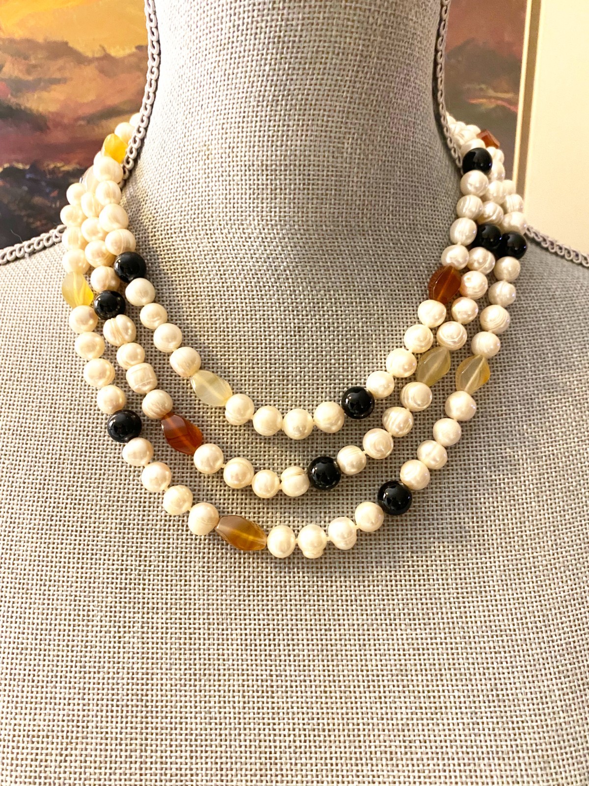 Vtg 1950s Japan Knotted Faux Pearl Multi-Strand Necklace Cream Amber Black 18″