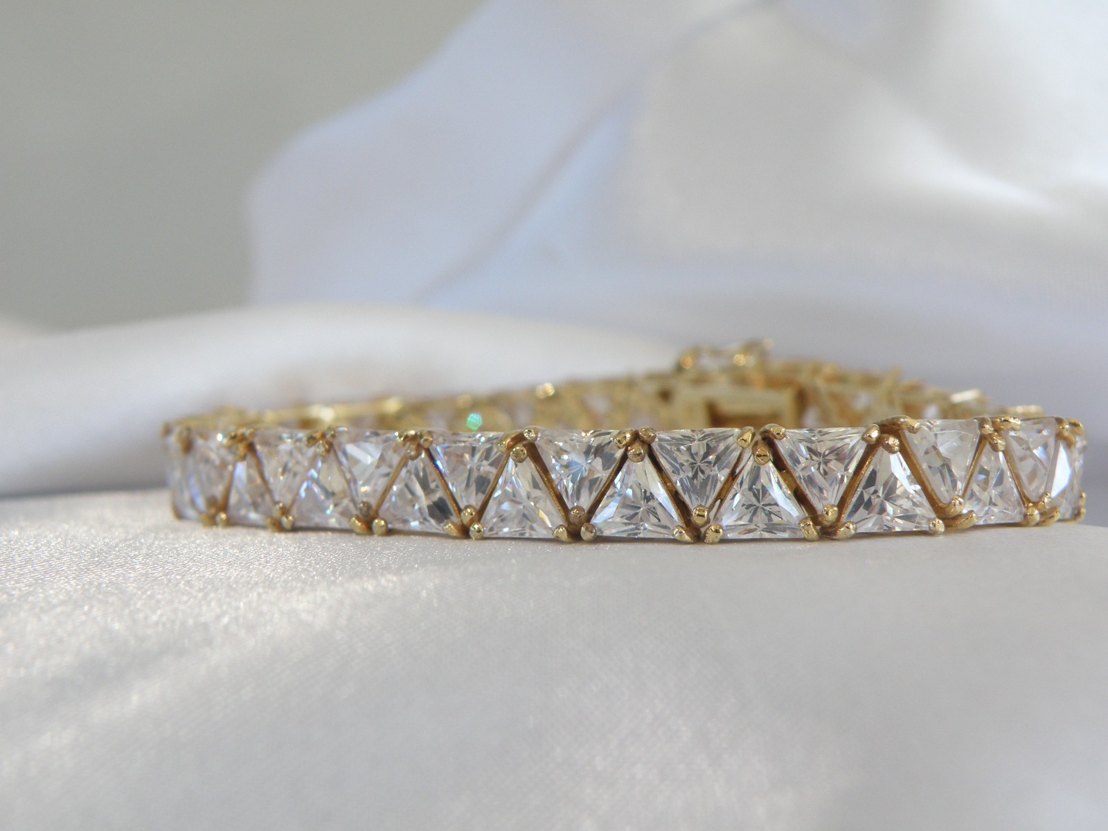 Vintage Sterling Silver 925 Gold Over Trillion Cut CZ Tennis Bracelet 7″