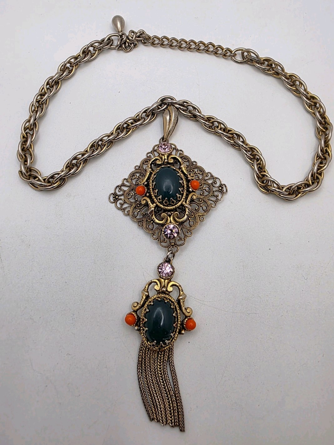 Vintage Large Green, Orange Cab & Purple Crystal 2 Tier Tassel Necklace – READ