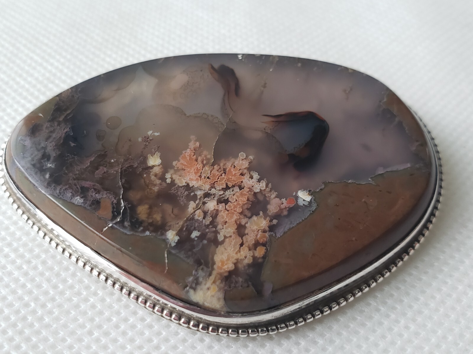Large Vintage Sterling Silver Solid Moss Agate Brooch Pin or Pendant- 50.1 Grams