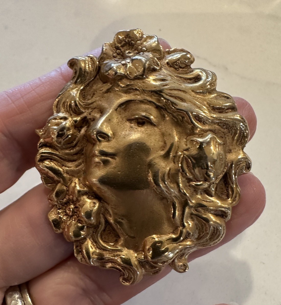 Vntg Art Nouveau/Jugendstil/Brass Woman’s Head Face/Poppy Flower Hair-Brooch/Pin
