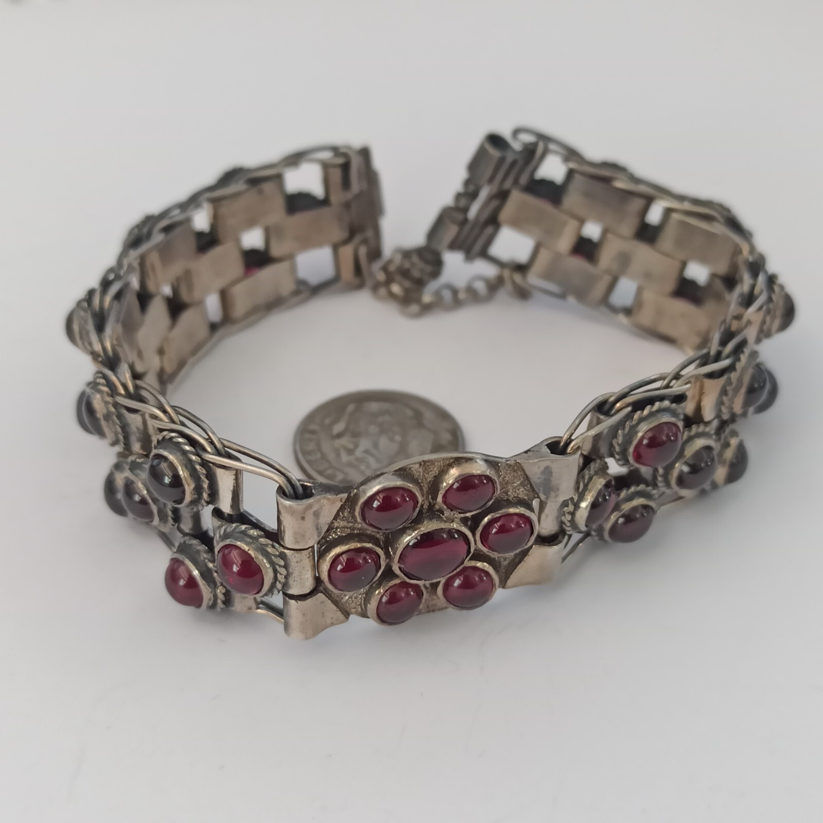 Vintage Garnet Bracelet 925 Silver Wide Statement Artisan GI OOAK Ethnic Boho