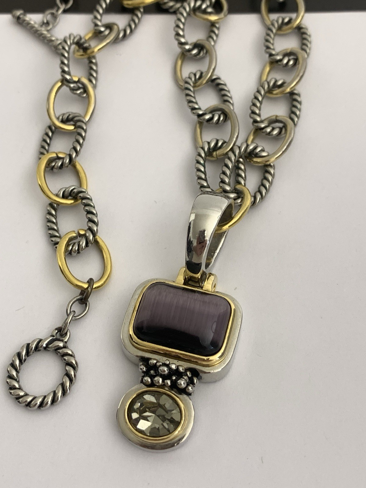 Vintage Silver and Gold Tone Cable Chunky Chain Necklace w/ Purple Stone Pendant