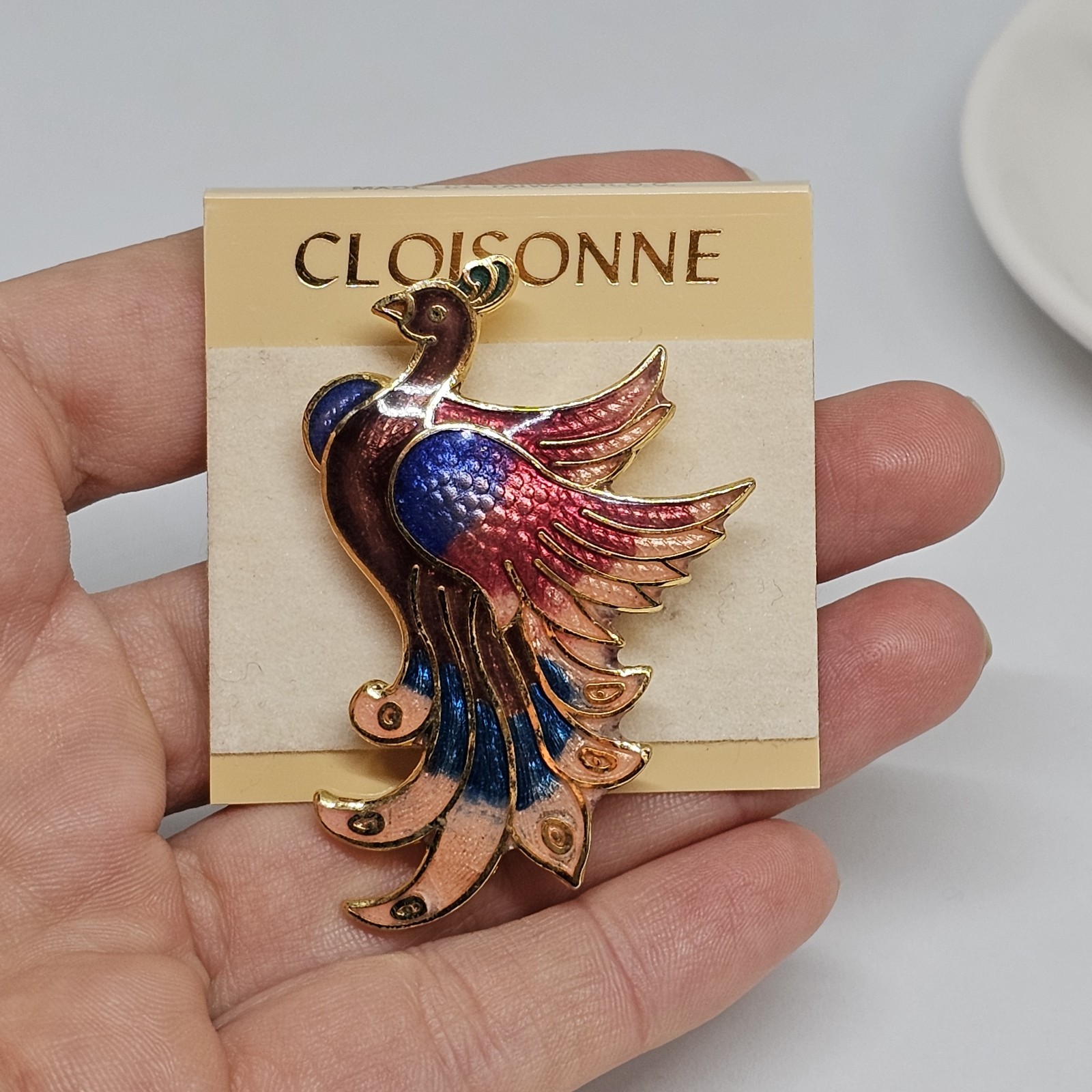 Vintage Cloisonne Enamel Bird Brooch Pin Blue Red Gold Bird