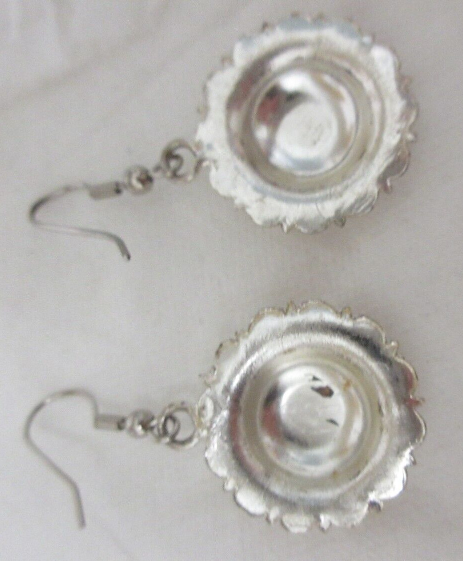 Vintage Silver Tone Etched Flower Dangle Pierced Earrings