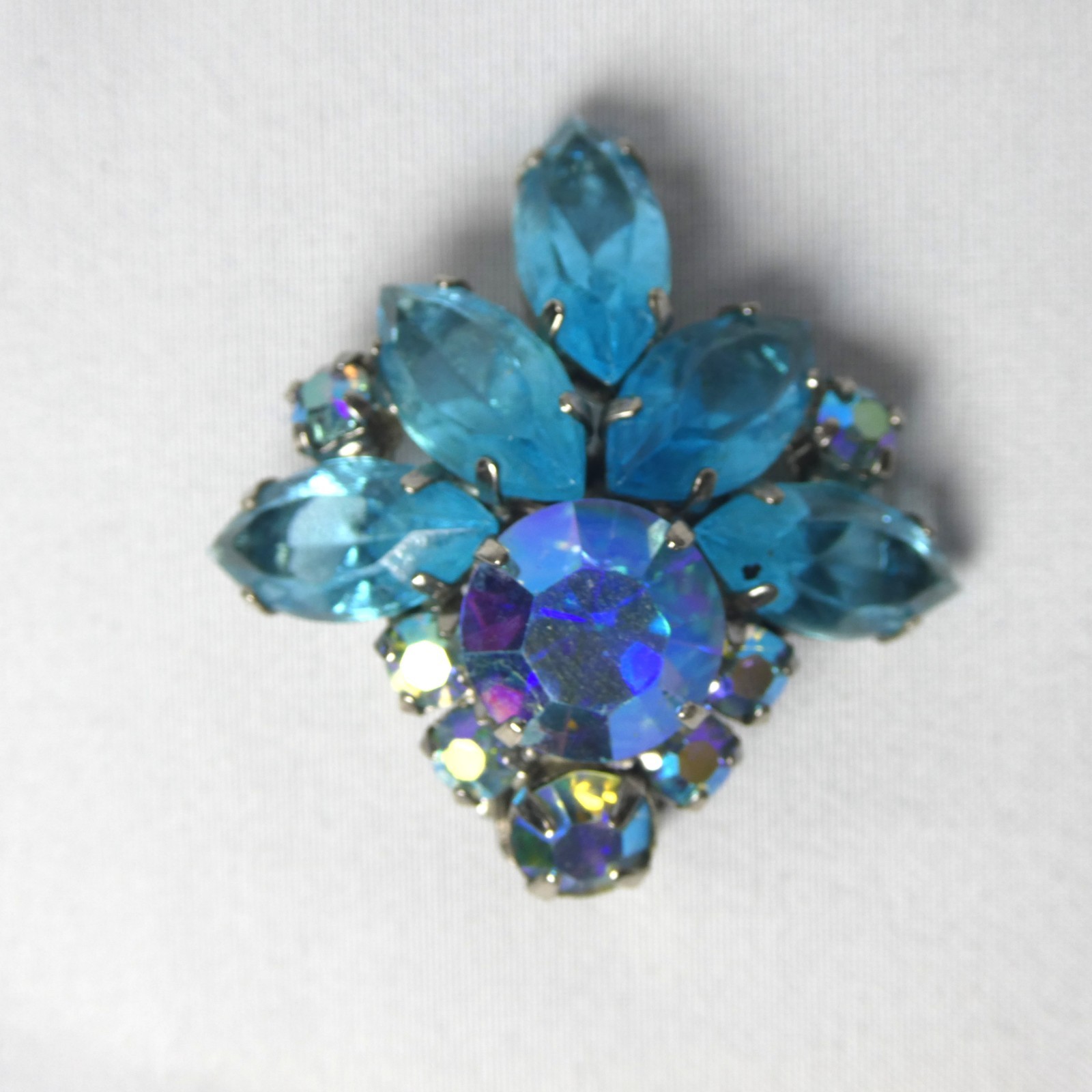 Borealis & Blue Crystal Silver Tone Setting Ear Clips Canada circa 1950s Costume