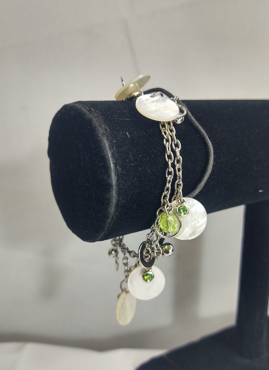 Vintage Jewelry Set Choker Necklace And Bracelet Silver Tone Shells Green Beads