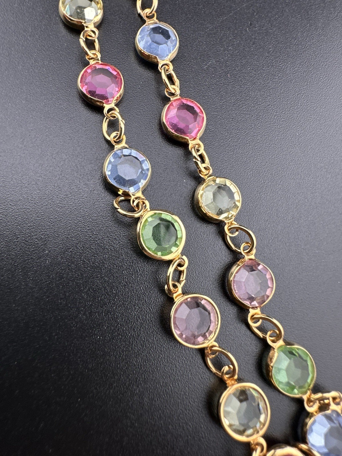 Rafaelian Vintage Long Necklace Open Bezel Austrian Crystal USA Multi-Color 30”