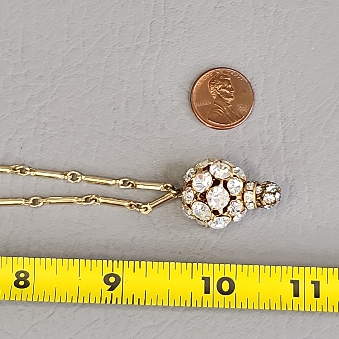 Vintage Rhinestone Ball Necklace Gold Tone Bar Link Chain 19″