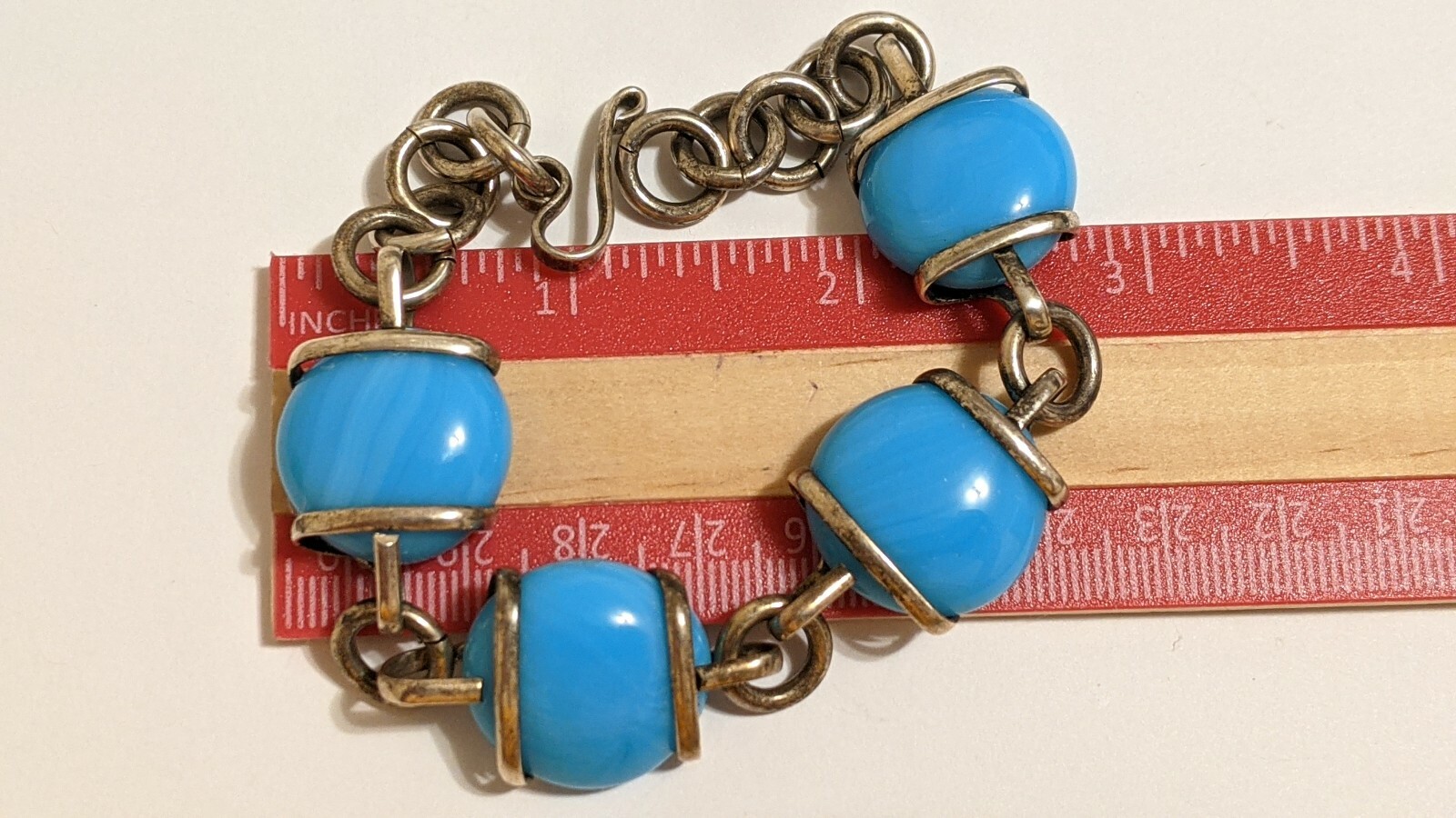 VINTAGE STERLING SILVER MEXICO BRACELET BLUE STONES ABOUT 8 3/4″ SIGNED MEX 925