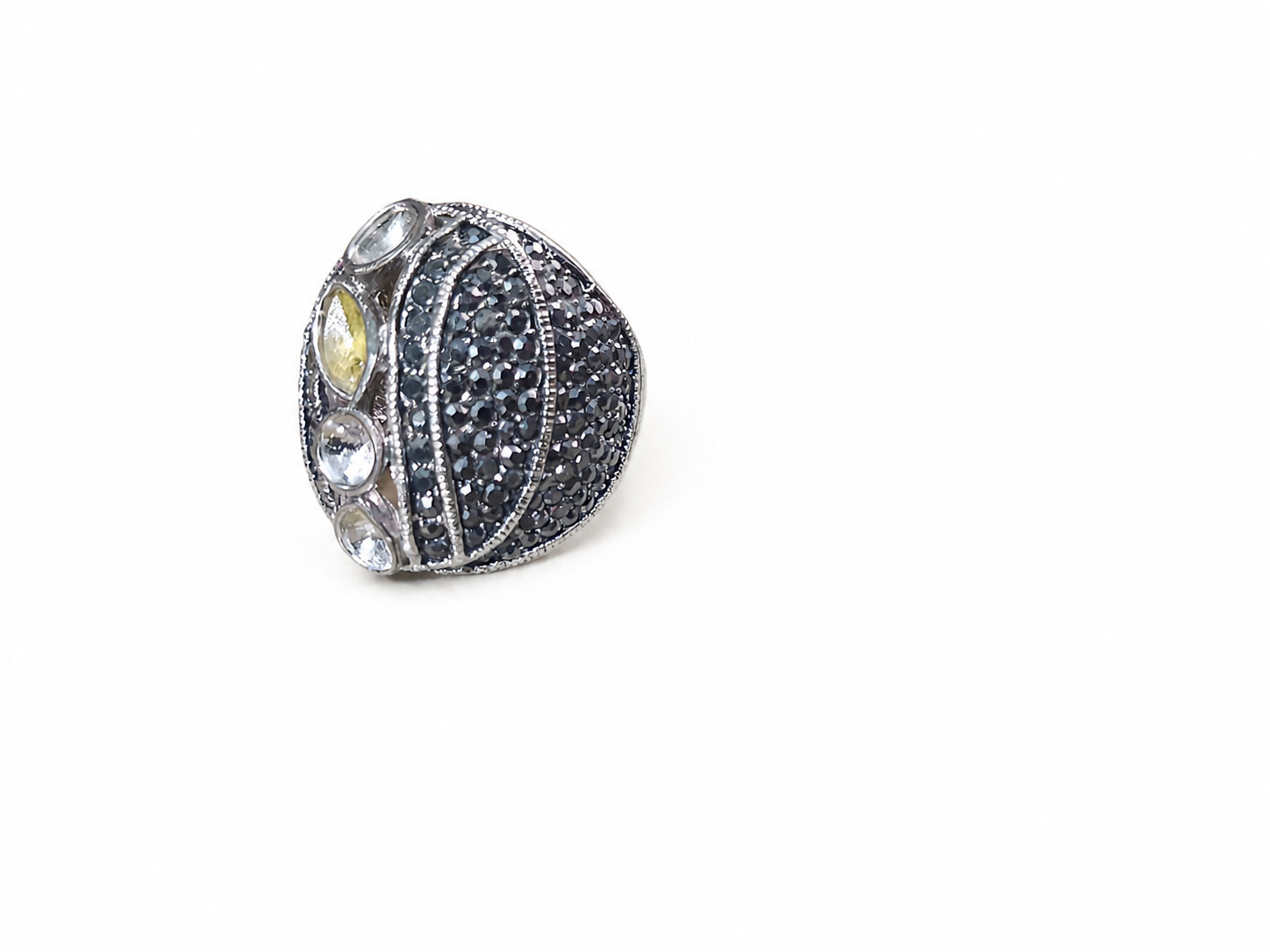 Vintage Black Pavé Statement Ring with Yellow & Clear Stones – Silver Tone