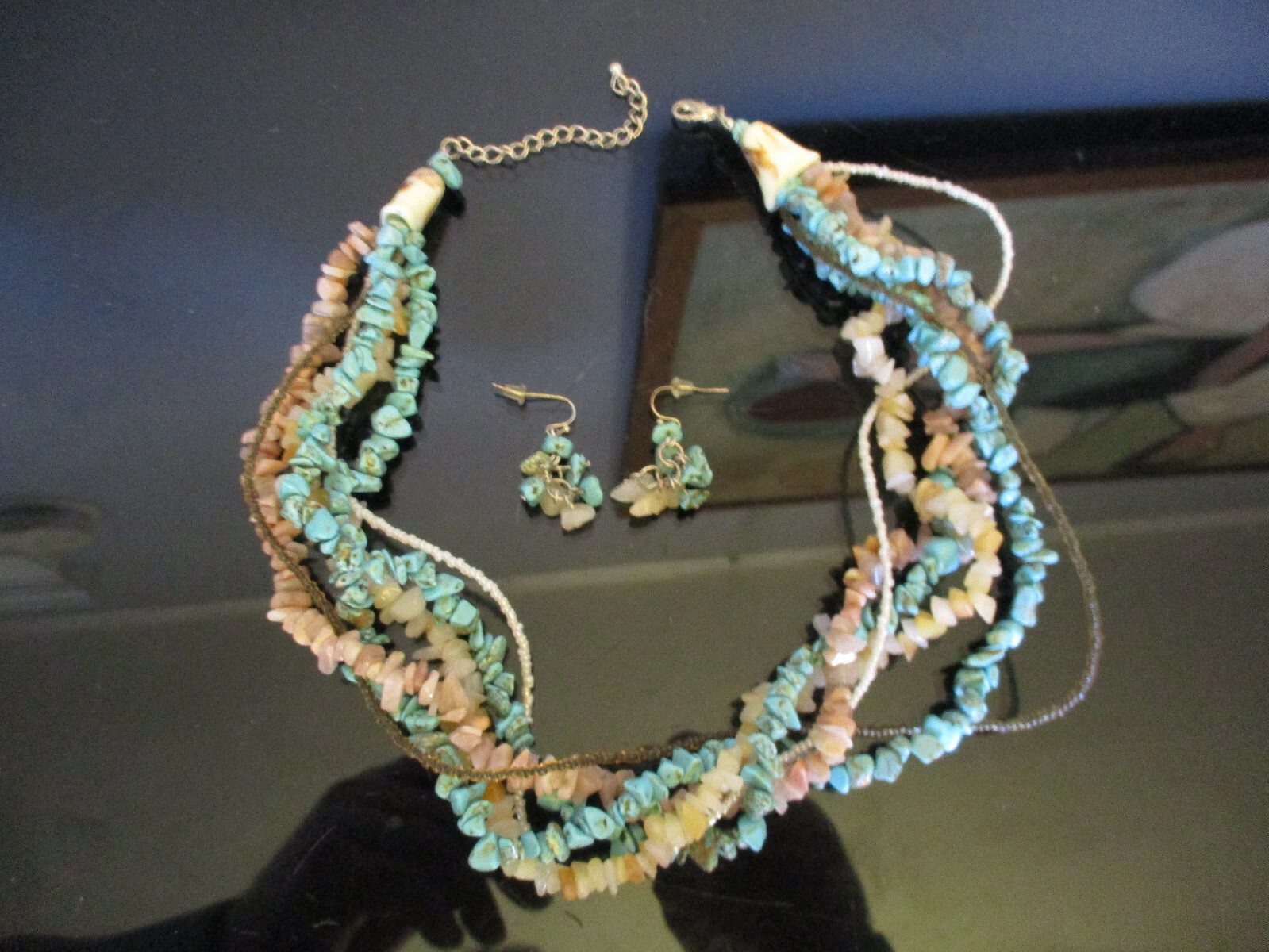 Beautiful 5 Strand Turquoise Stone Glass Sead Bead Statement Necklace Earrings!