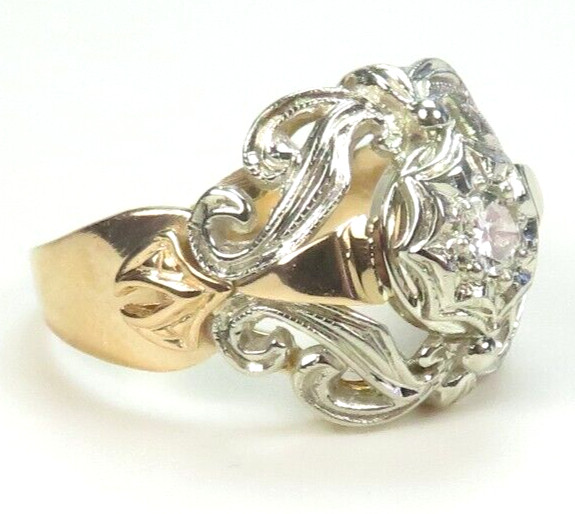 Antique 1920’s Diamond Unisex Engagement 17K Two Tone Ring Size 7.25 UK-O Deco