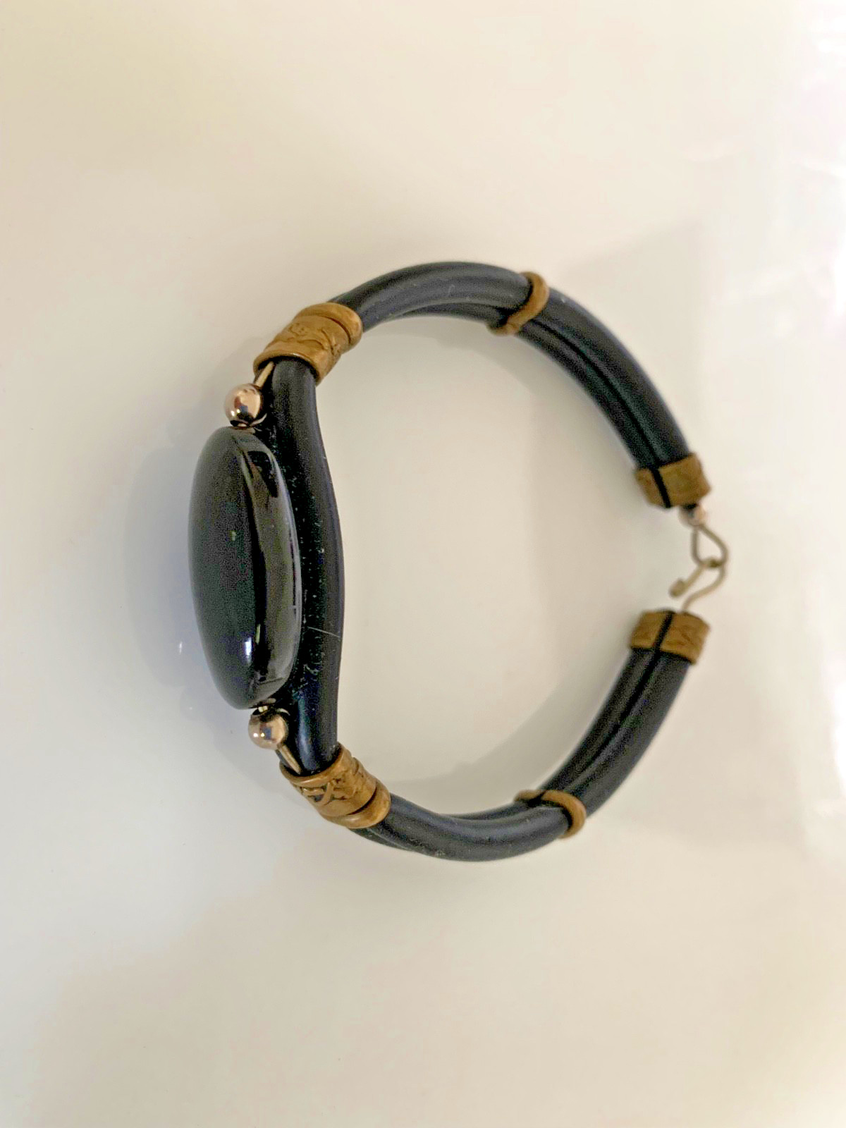 Vintage Black Onyx Style Bracelet Brass Spacers Boho Artisan Hook Clasp