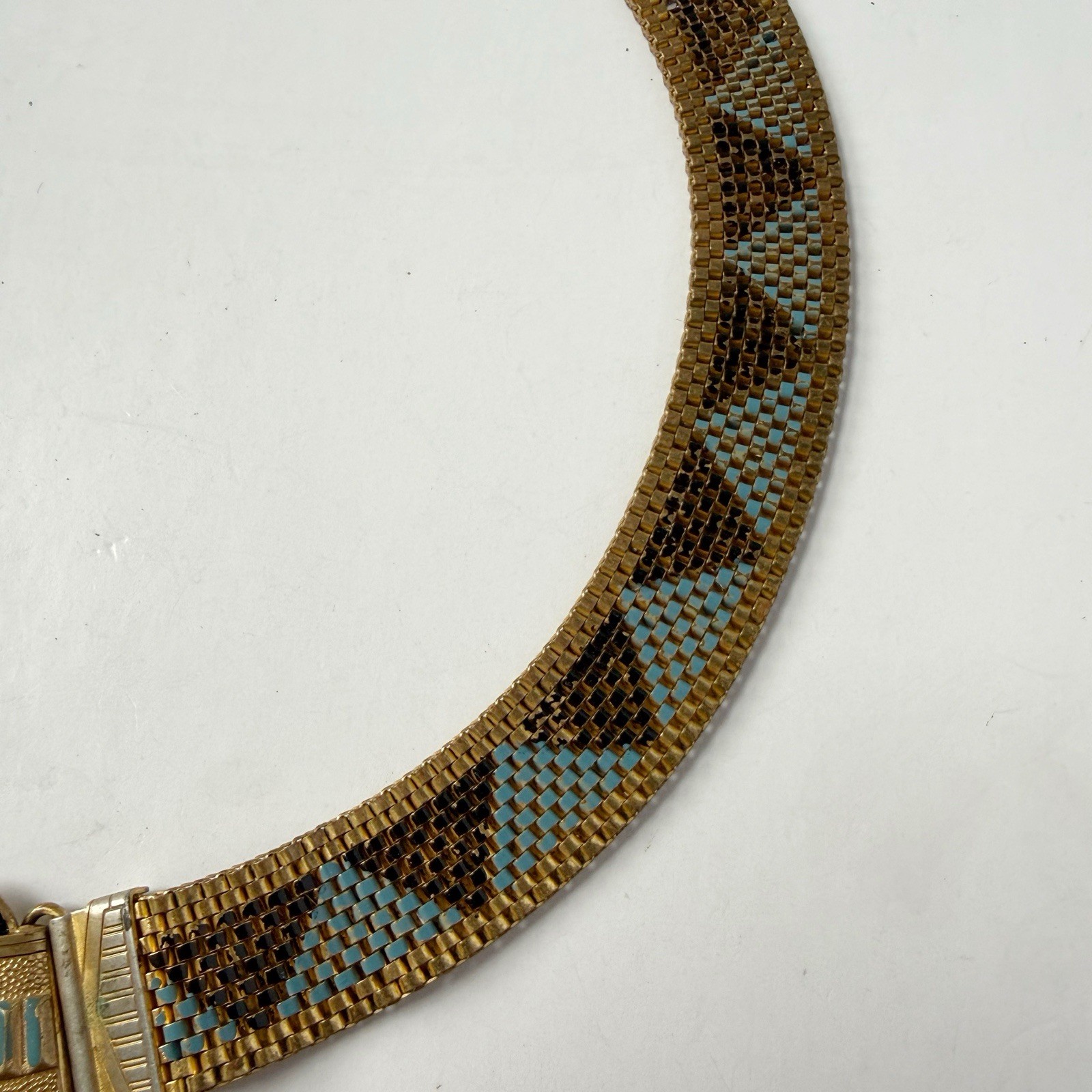 Antique Art Deco Egyptian Revival Enamel Geometric Mesh Collar Necklace 16”