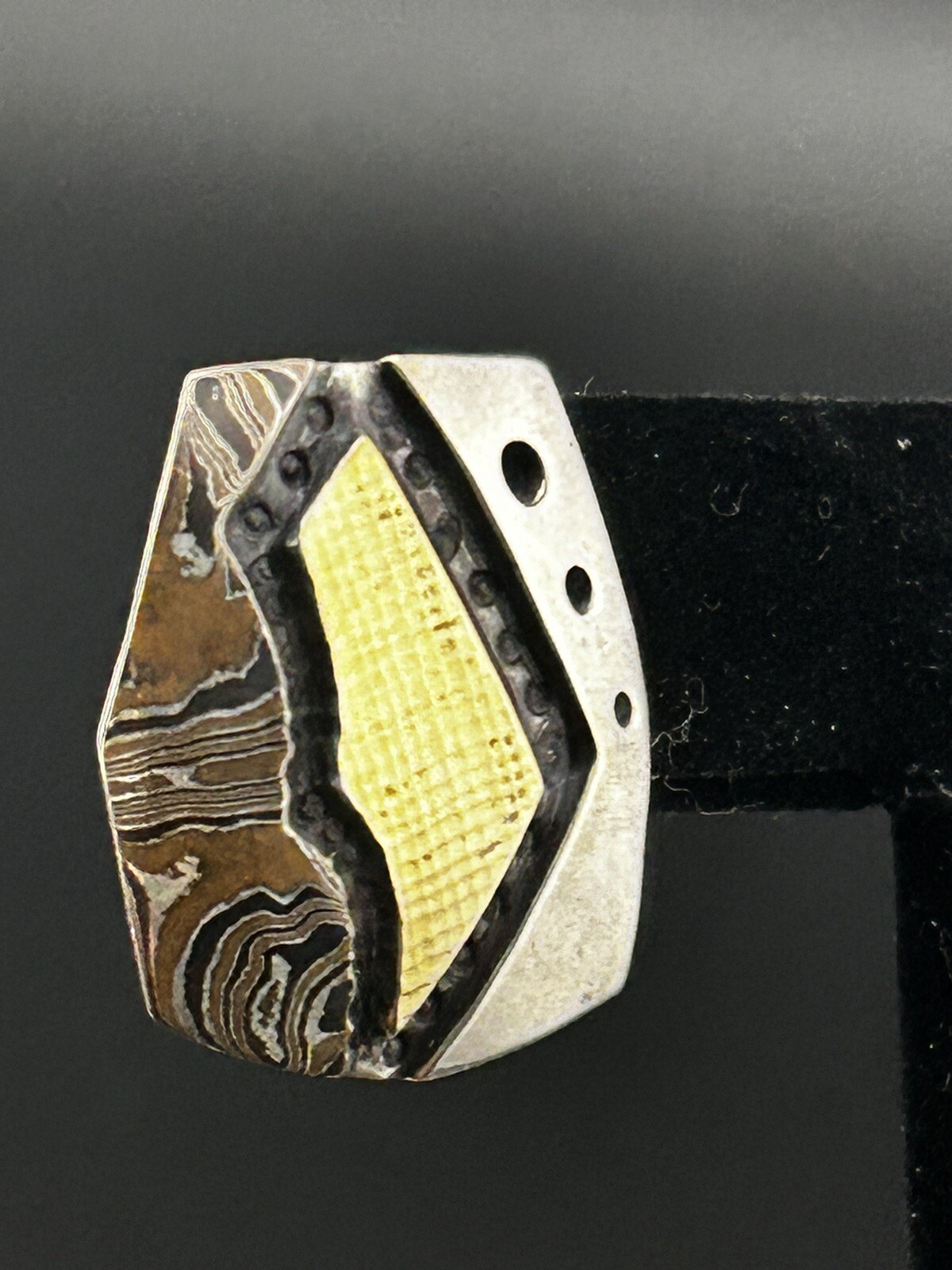 Vintage Sterling Designer Signed Geometric Mixed Metal Textured Accent Earrings