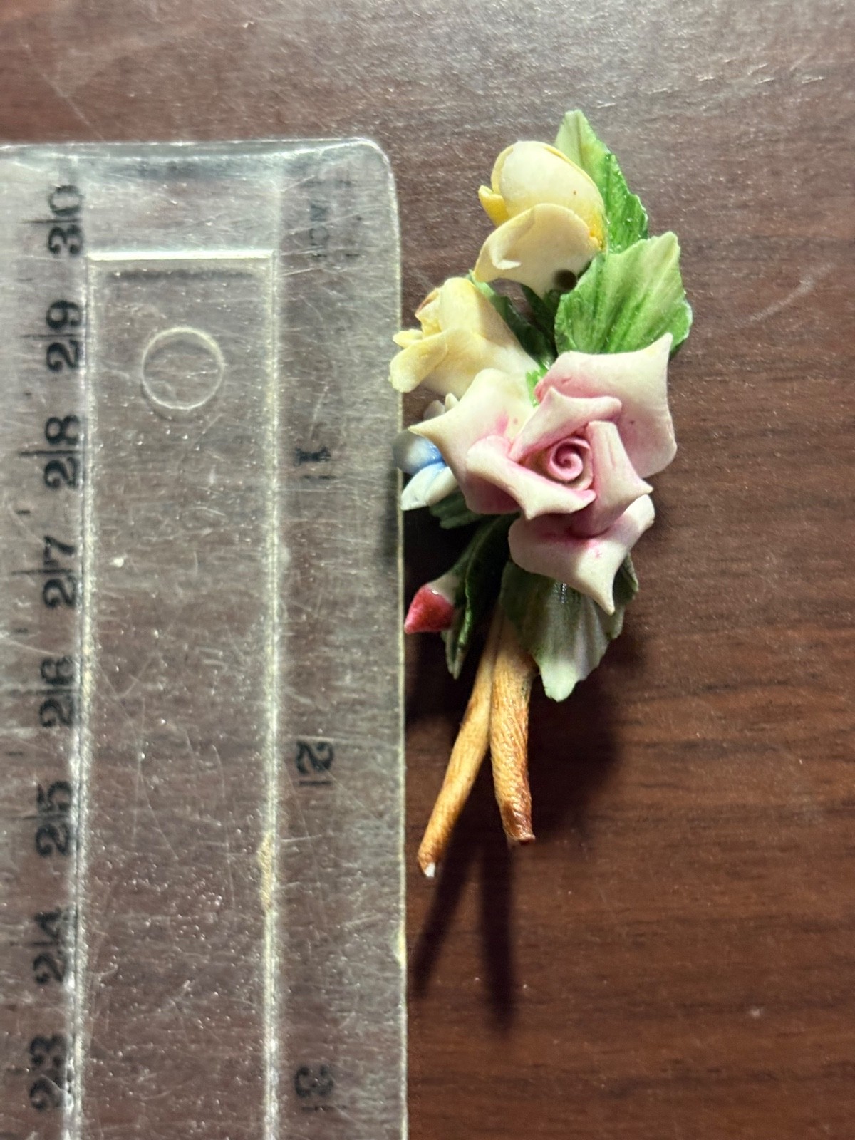 Vintage Hand Painted Porcelain Floral Bouquet Brooch Pin  Pink Yellow Roses Cott