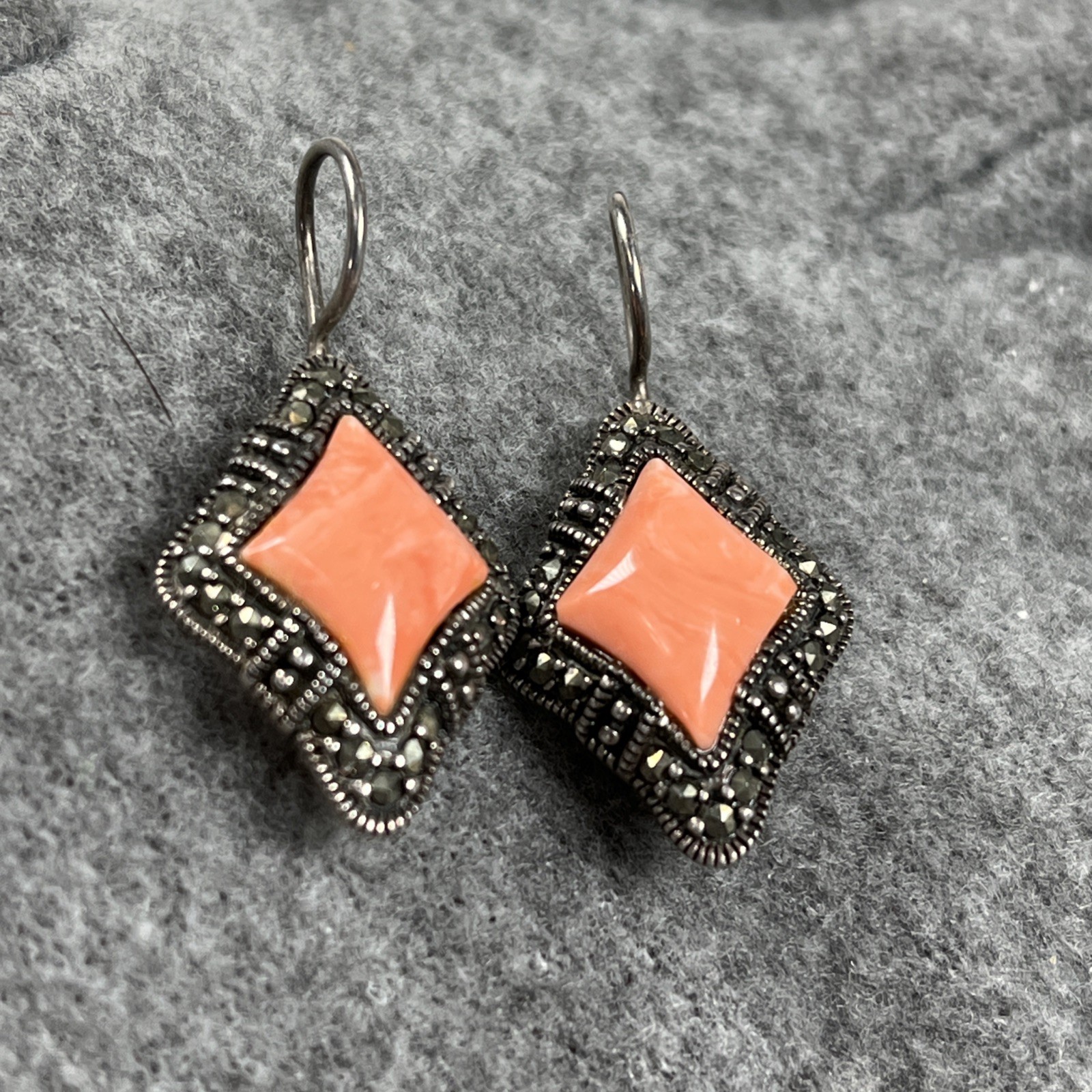 A 925 Vintage Sterling Silver 925 Marcasite Faux Coral Dangle Earrings 6.9g