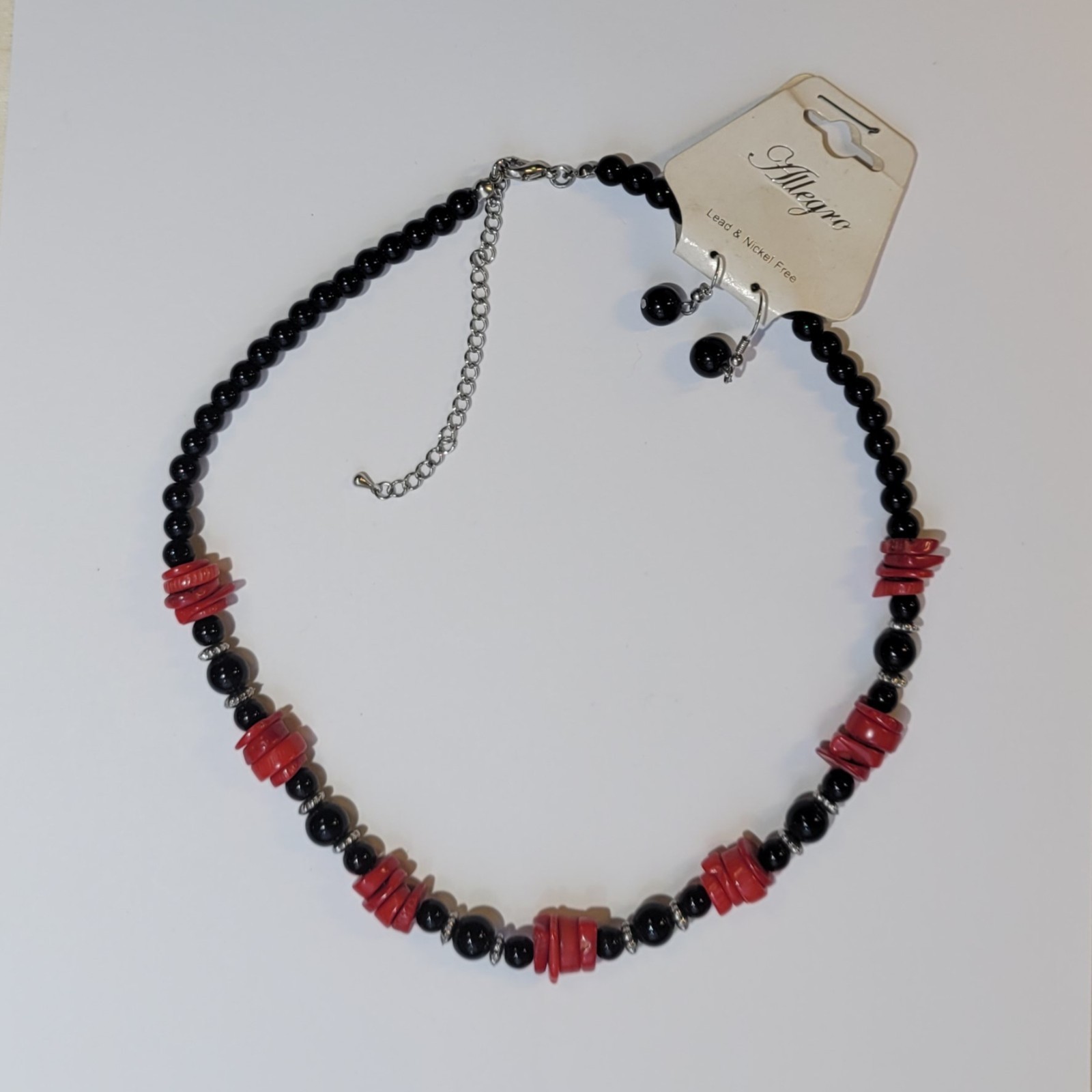 Allegro Black Beads Faux Red Coral 17in Necklace With Matching Earrings Vintage
