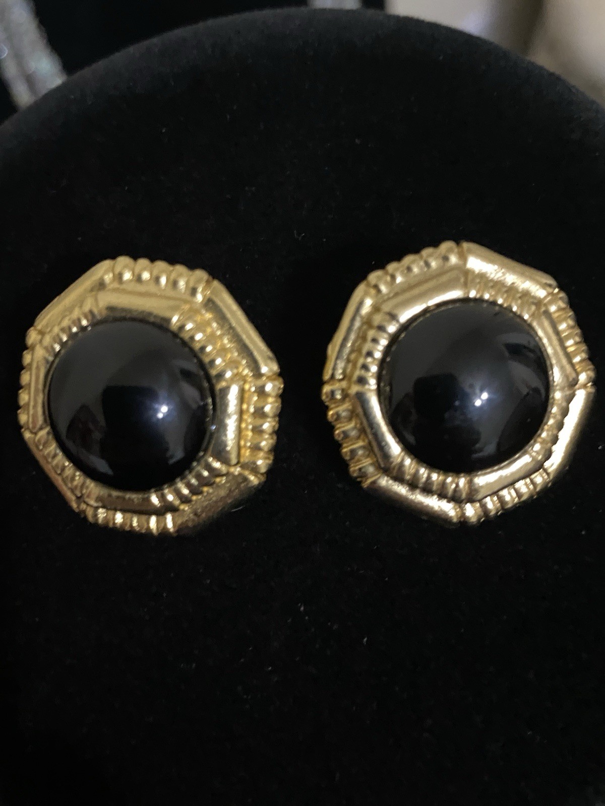 Vintage Black Cab Glass Classic Clip On Earrings Gold Tone
