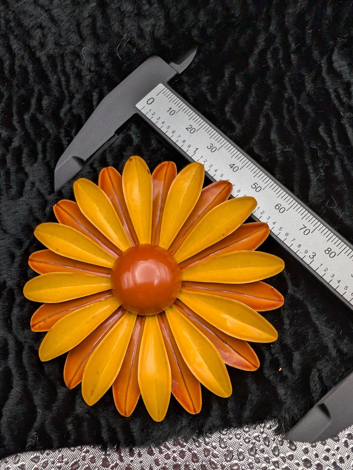 Vintage Orange & Yellow Enamel Flower Brooch Pin Retro Daisy Design 3 Inches Dia