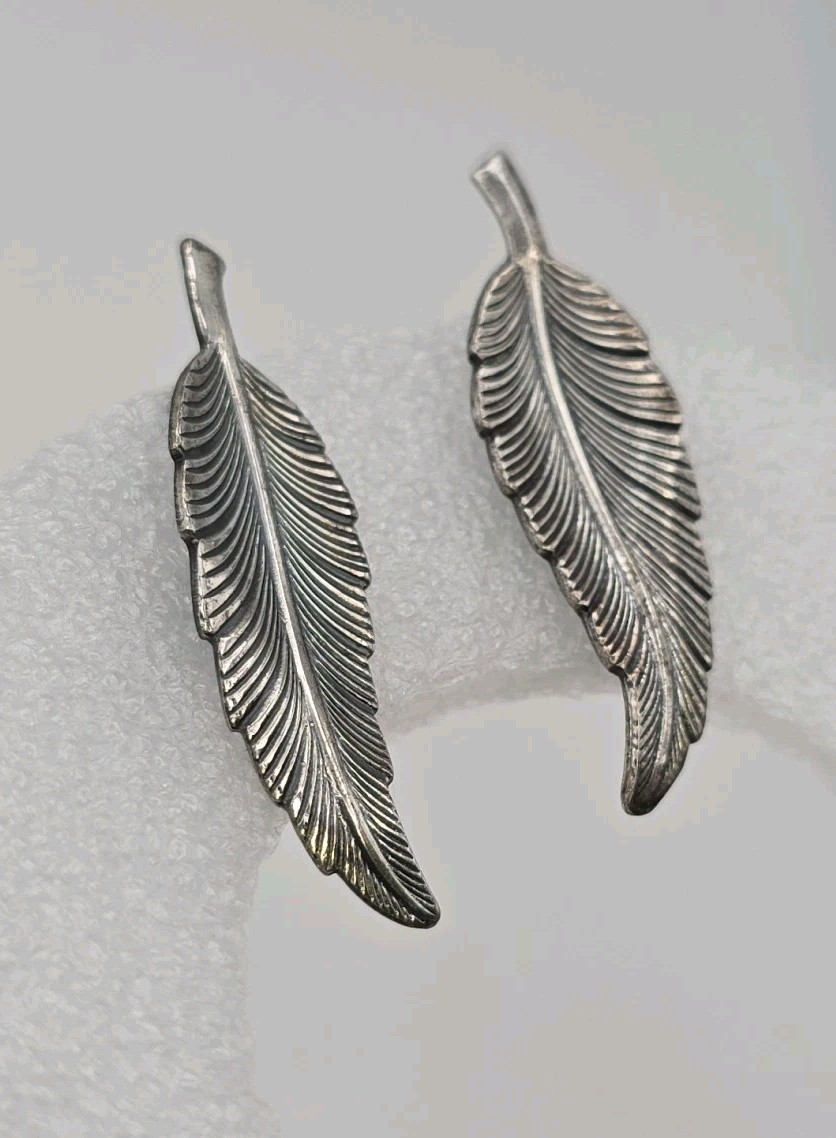 Vintage Silver Tone Bird Feather KIM Signed Etched Hippy Screw Back Boho Earring