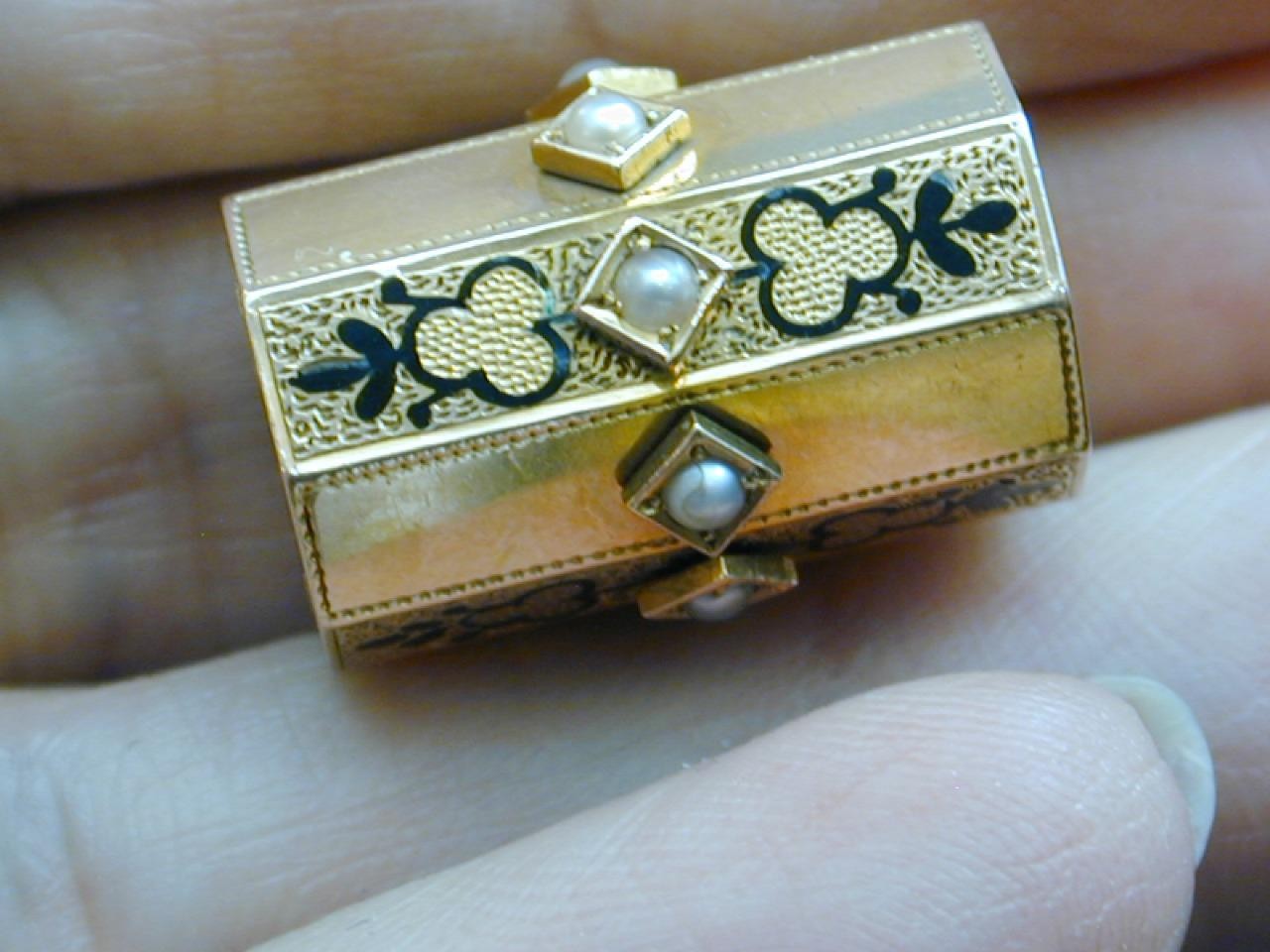 Incredible HUGE 14k Black Enamel Seed Pearl Slide Charm Octagon