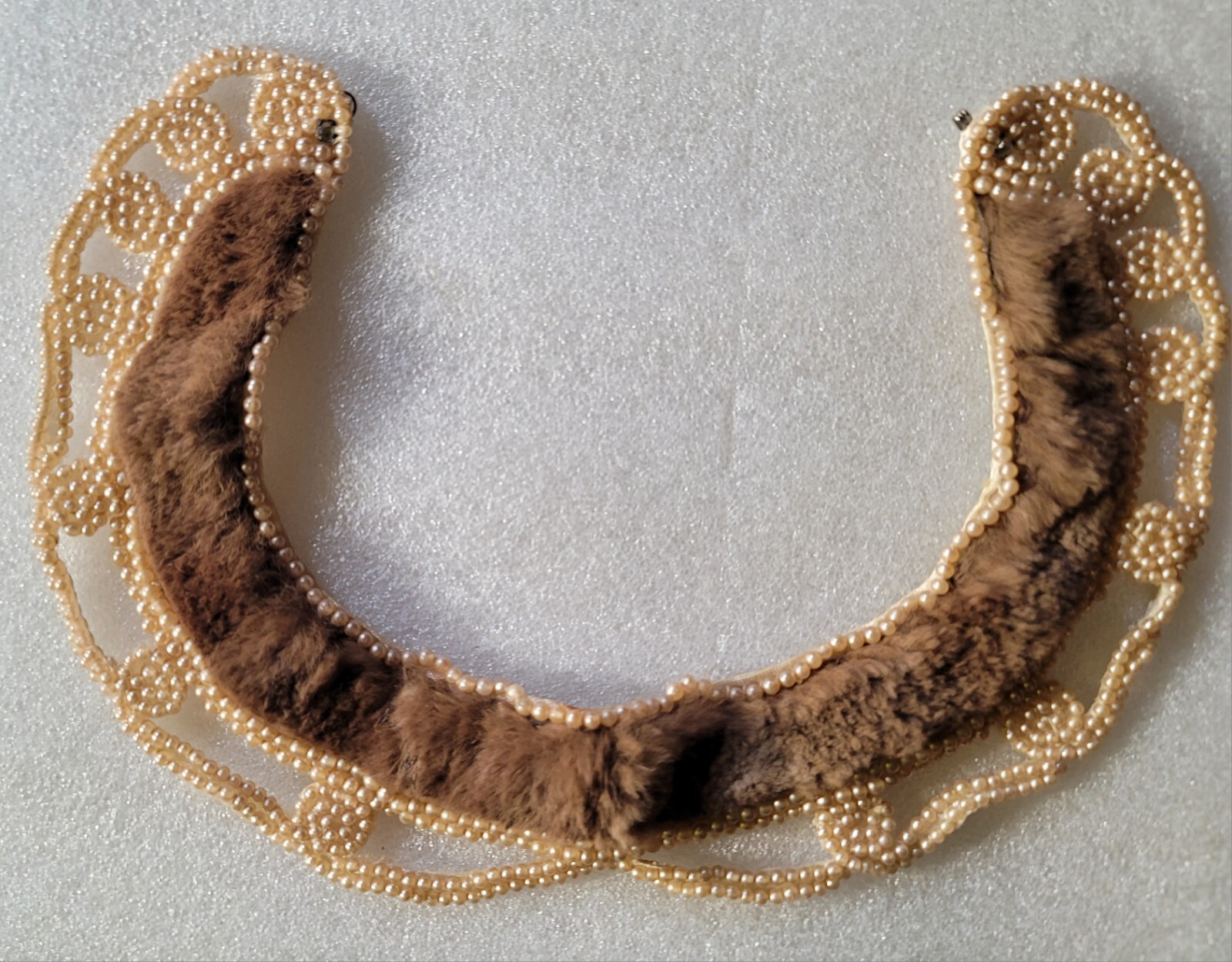 Vintage Seed Faux Pearl Brown Fur Hand Sewn Crafted Decorative Collar Necklace