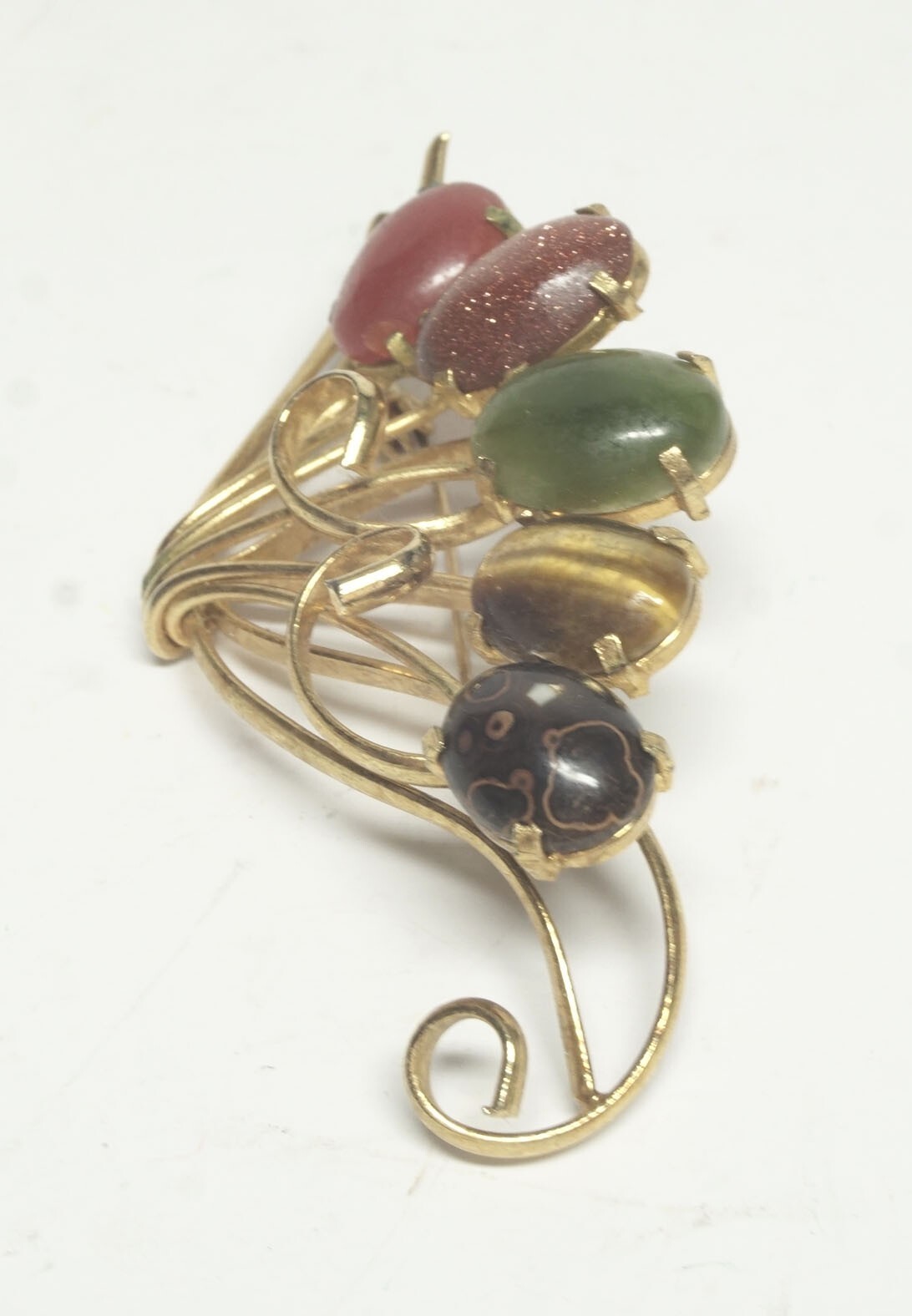 Vintage Gemstone Flower Wire Basket Brooch w/Jade, Tigers Eye, Gold Stone +
